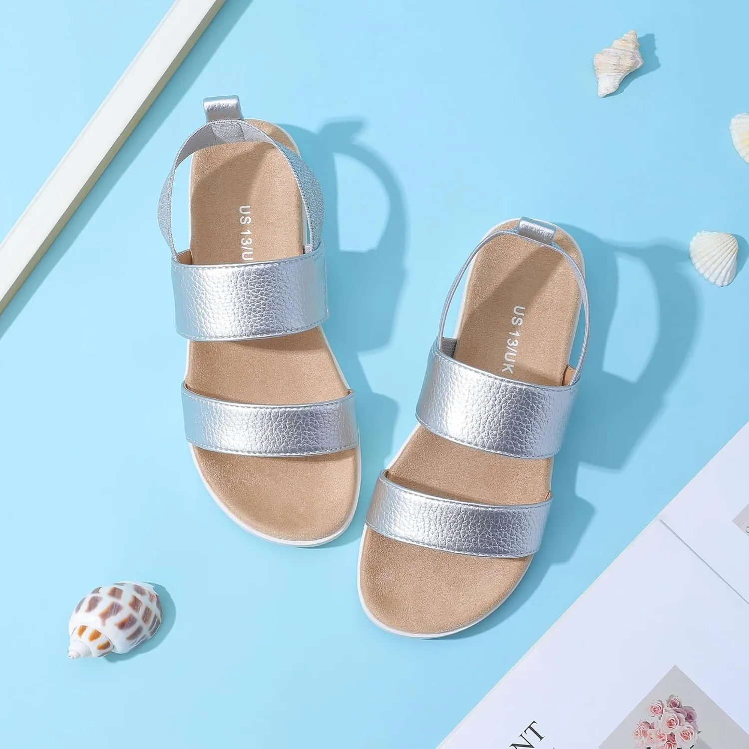 shoeslocker Girls Sandals Summer Shoes Open Toe Elastic Back Strap Sandals Flat for Little Kids Big Kids