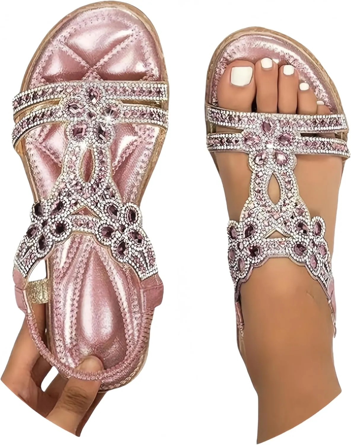 Sparkly Sandals for Women Rhinestones, Womens T-Strap Buckle Bohemian Pearl Crystal Flat Sandals Wide Width Comfort Walking Non Slip Casual Summer Beach Dress Shoes Ankle Strap Elastic Flats