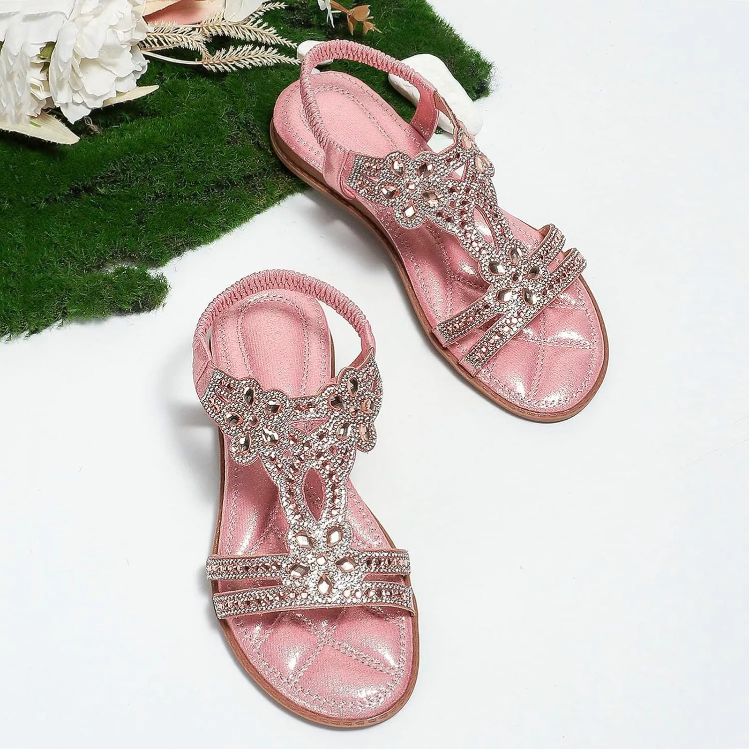 Sparkly Sandals for Women Rhinestones, Womens T-Strap Buckle Bohemian Pearl Crystal Flat Sandals Wide Width Comfort Walking Non Slip Casual Summer Beach Dress Shoes Ankle Strap Elastic Flats