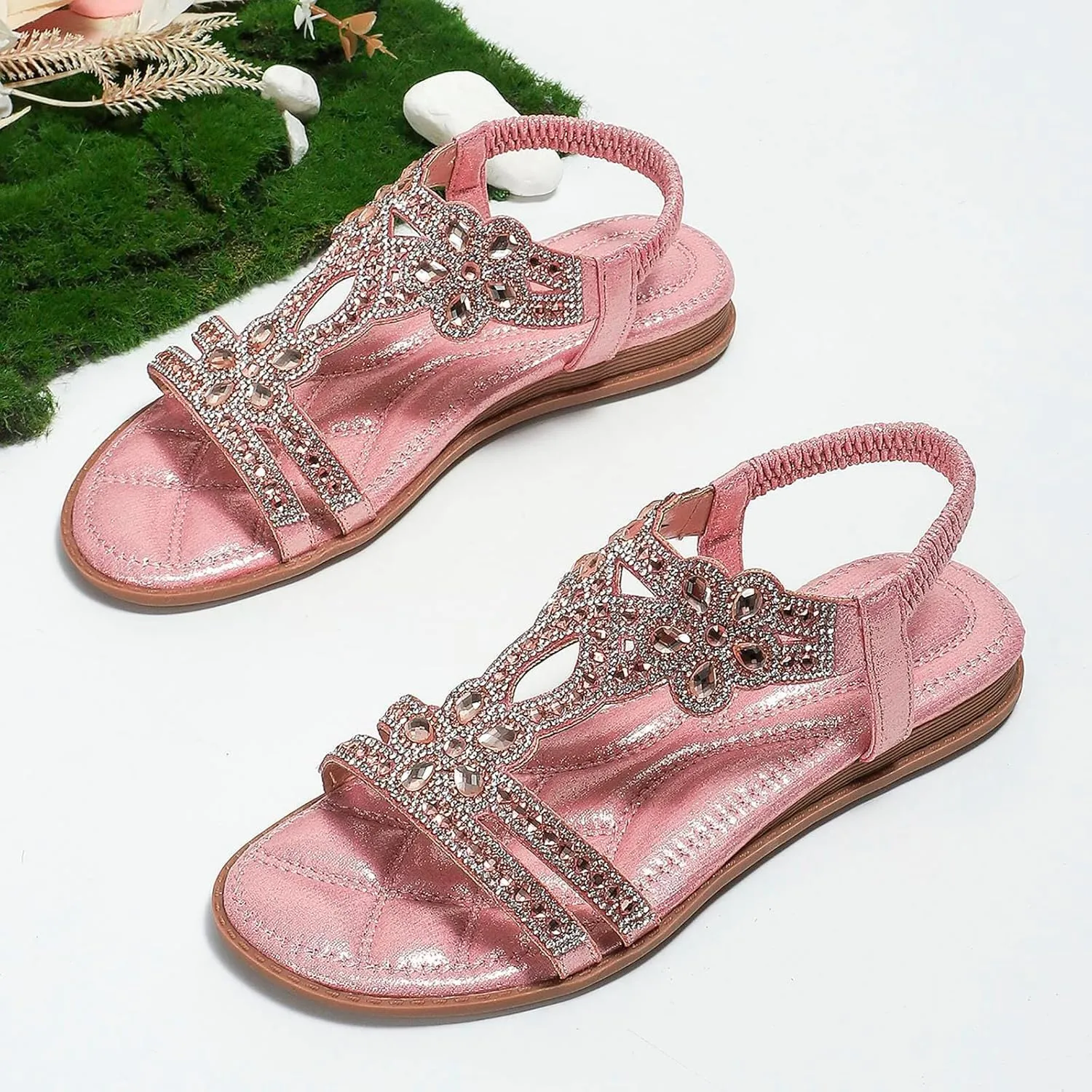 Sparkly Sandals for Women Rhinestones, Womens T-Strap Buckle Bohemian Pearl Crystal Flat Sandals Wide Width Comfort Walking Non Slip Casual Summer Beach Dress Shoes Ankle Strap Elastic Flats