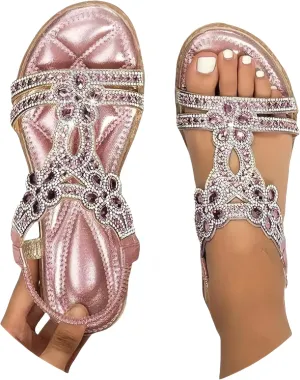 Sparkly Sandals for Women Rhinestones, Womens T-Strap Buckle Bohemian Pearl Crystal Flat Sandals Wide Width Comfort Walking Non Slip Casual Summer Beach Dress Shoes Ankle Strap Elastic Flats