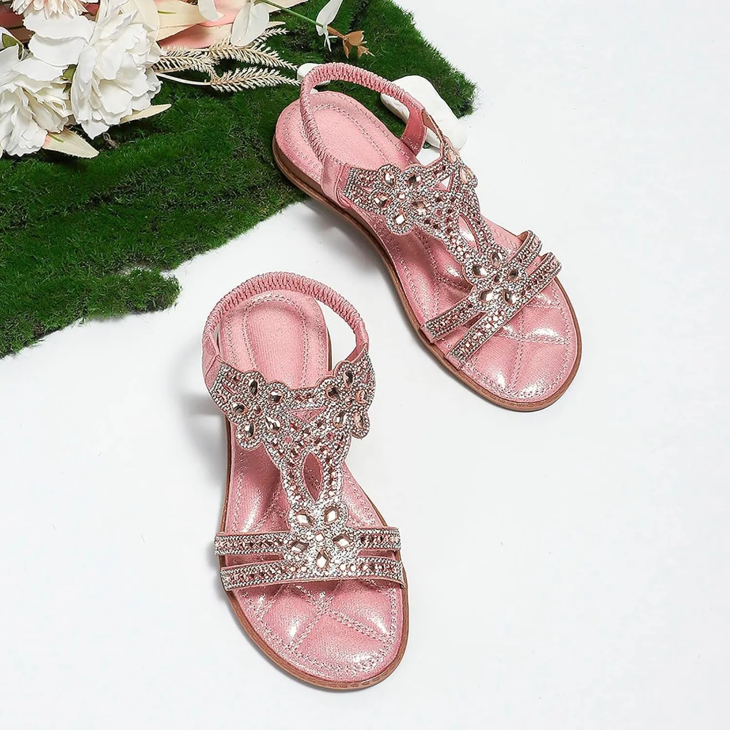 Sparkly Sandals for Women Rhinestones, Womens T-Strap Buckle Bohemian Pearl Crystal Flat Sandals Wide Width Comfort Walking Non Slip Casual Summer Beach Dress Shoes Ankle Strap Elastic Flats