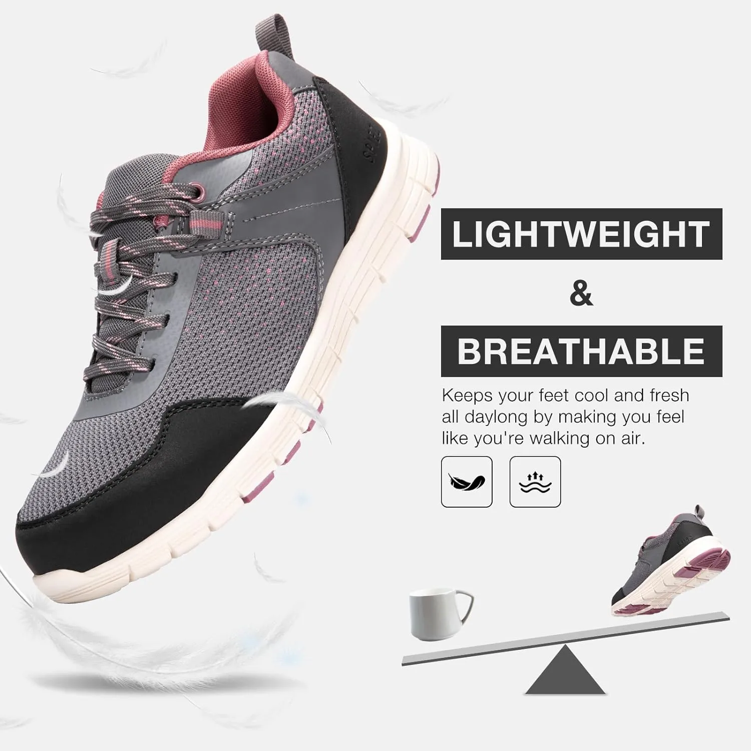 SPIEZ Women's Composite Toe Safety Shoes, Breathable Lightweight Work Sneakers, Fashionable Grey/Pink Footwear (US 5.5-10)