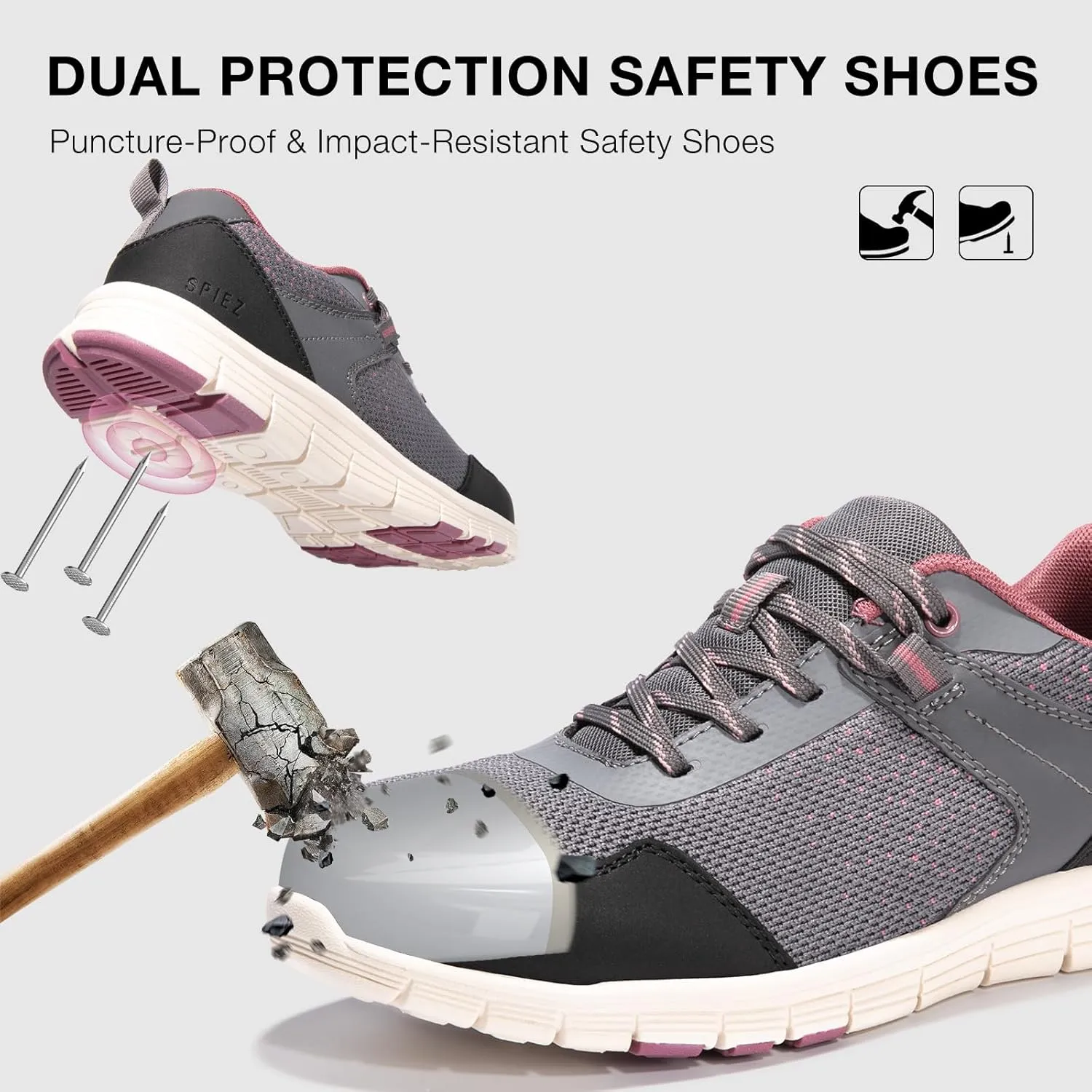 SPIEZ Women's Composite Toe Safety Shoes, Breathable Lightweight Work Sneakers, Fashionable Grey/Pink Footwear (US 5.5-10)