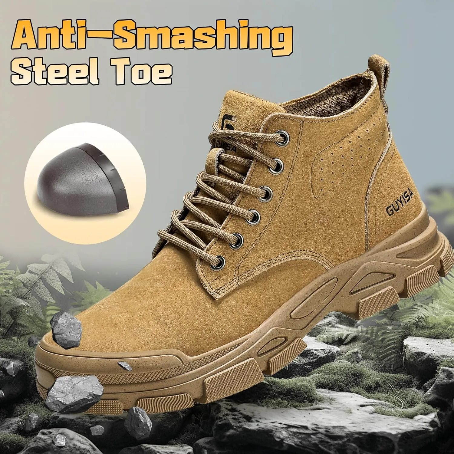 Steel Toe Boots for Men Indestructible Steel Toe Shoes Breathable High Top Work Boots for Men Lightweight Safety Shoes Non Slip Work Shoes Industry Construction Safety Boots