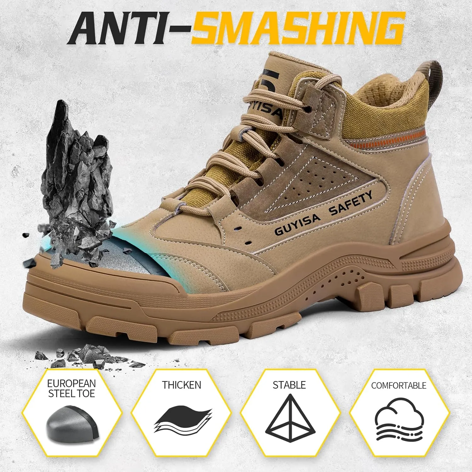 Steel Toe Boots for Men Indestructible Steel Toe Shoes Breathable High Top Work Boots for Men Lightweight Safety Shoes Non Slip Work Shoes Industry Construction Safety Boots