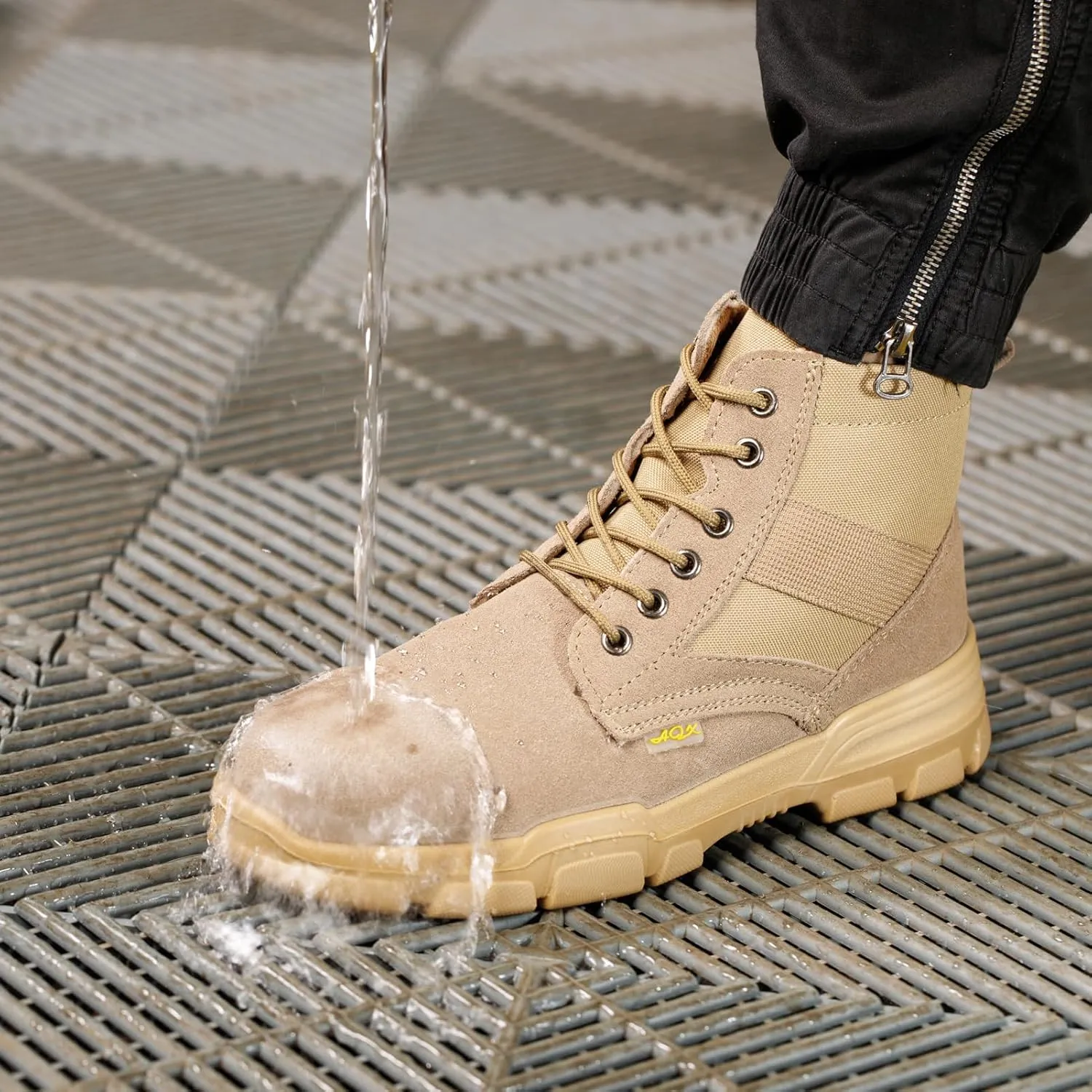Steel Toe Boots for Men or Women, Slip Resistant Work Boots Steel Toe Shoes Indestructible Tactical Mid Top Safety Shoes for Warehouse Industry Construction - Khaki