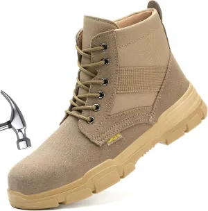 Steel Toe Boots for Men or Women, Slip Resistant Work Boots Steel Toe Shoes Indestructible Tactical Mid Top Safety Shoes for Warehouse Industry Construction - Khaki