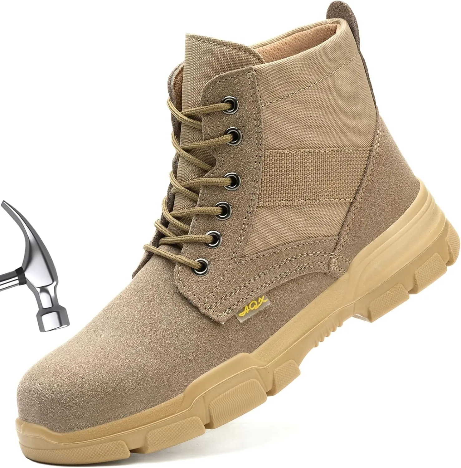 Steel Toe Boots for Men or Women, Slip Resistant Work Boots Steel Toe Shoes Indestructible Tactical Mid Top Safety Shoes for Warehouse Industry Construction - Khaki