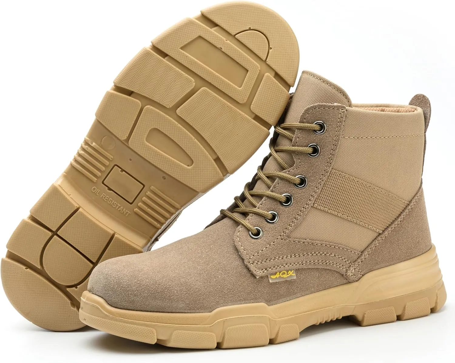 Steel Toe Boots for Men or Women, Slip Resistant Work Boots Steel Toe Shoes Indestructible Tactical Mid Top Safety Shoes for Warehouse Industry Construction - Khaki