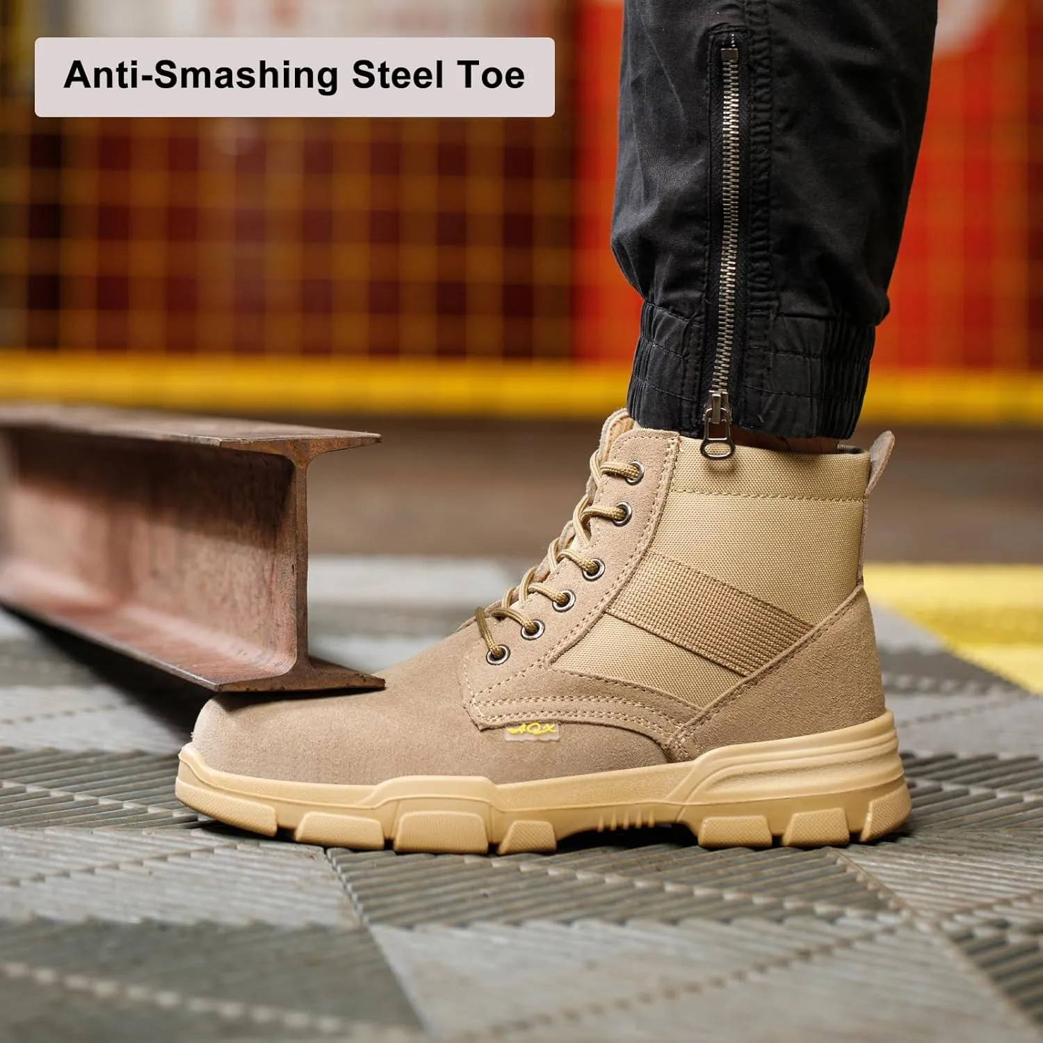 Steel Toe Boots for Men or Women, Slip Resistant Work Boots Steel Toe Shoes Indestructible Tactical Mid Top Safety Shoes for Warehouse Industry Construction - Khaki
