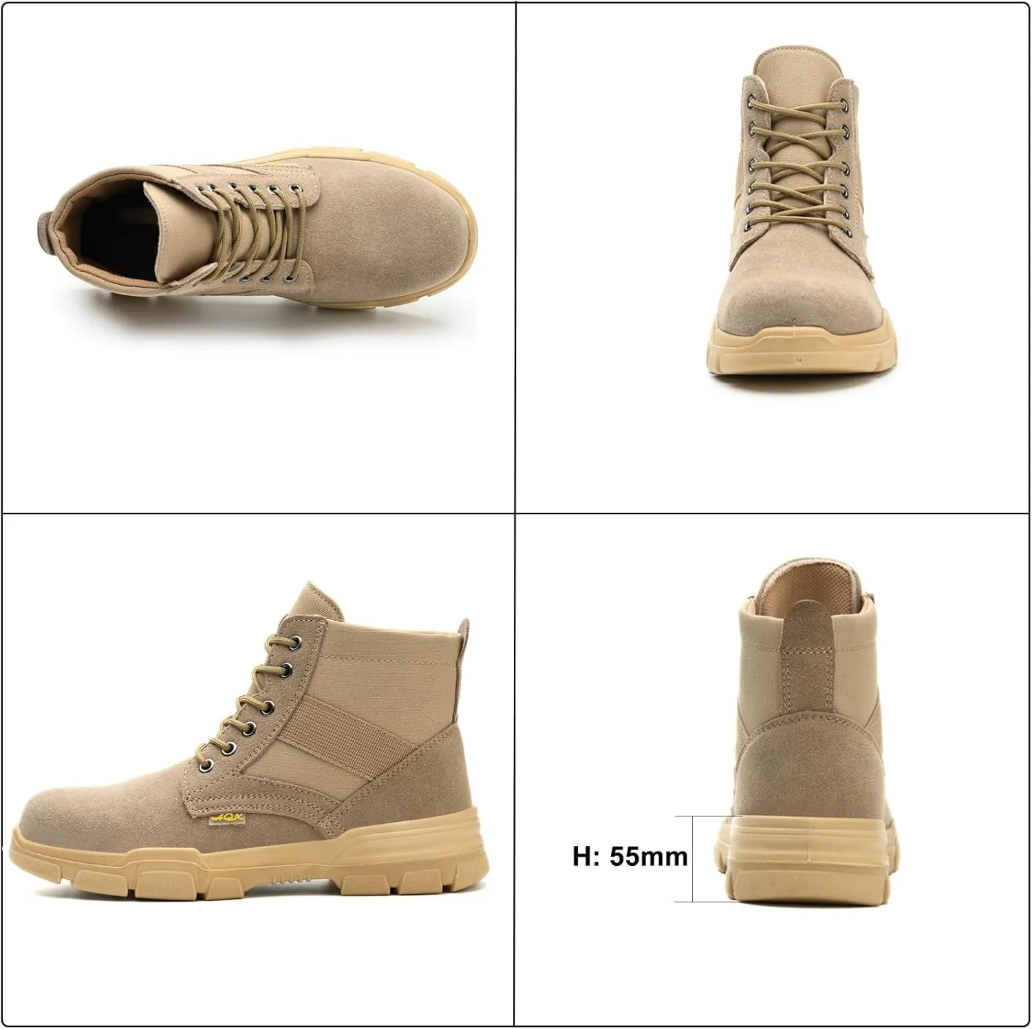 Steel Toe Boots for Men or Women, Slip Resistant Work Boots Steel Toe Shoes Indestructible Tactical Mid Top Safety Shoes for Warehouse Industry Construction - Khaki