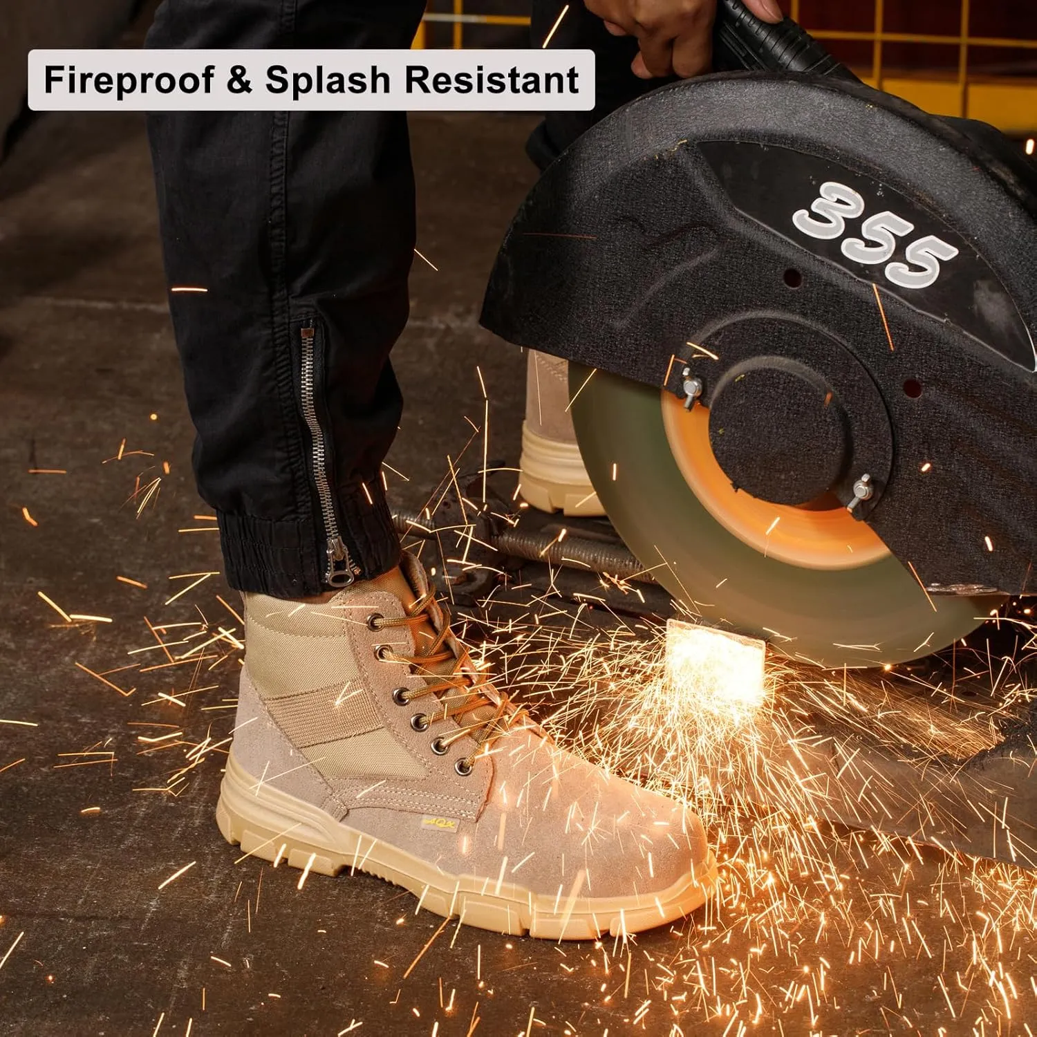 Steel Toe Boots for Men or Women, Slip Resistant Work Boots Steel Toe Shoes Indestructible Tactical Mid Top Safety Shoes for Warehouse Industry Construction - Khaki