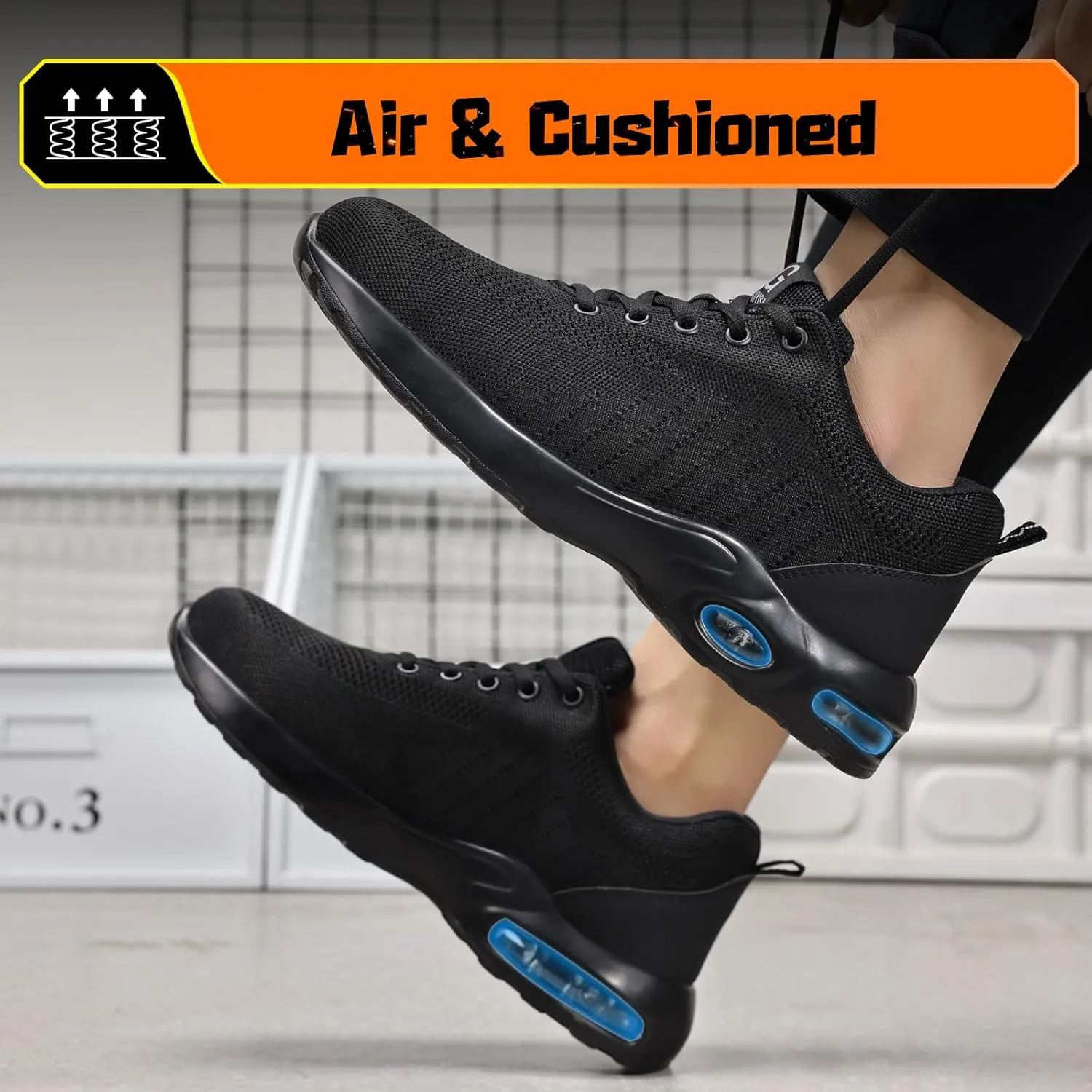 Steel Toe Shoes for Men Lightweight Work Shoes Safety Shoes Air Cushioned Steel Toe Sneakers Indestructible Steel Tennis Toe Shoes Construction Industrial Work Safety Sneakers