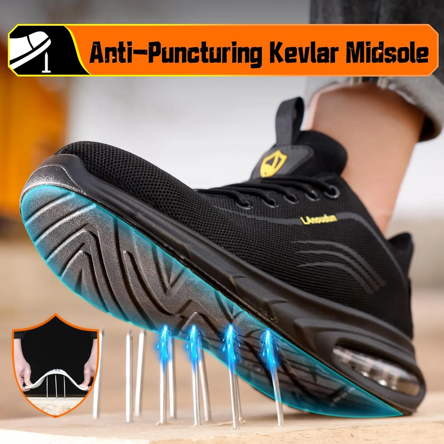 Steel Toe Shoes for Men Lightweight Work Shoes Safety Shoes Air Cushioned Steel Toe Sneakers Indestructible Steel Tennis Toe Shoes Construction Industrial Work Safety Sneakers