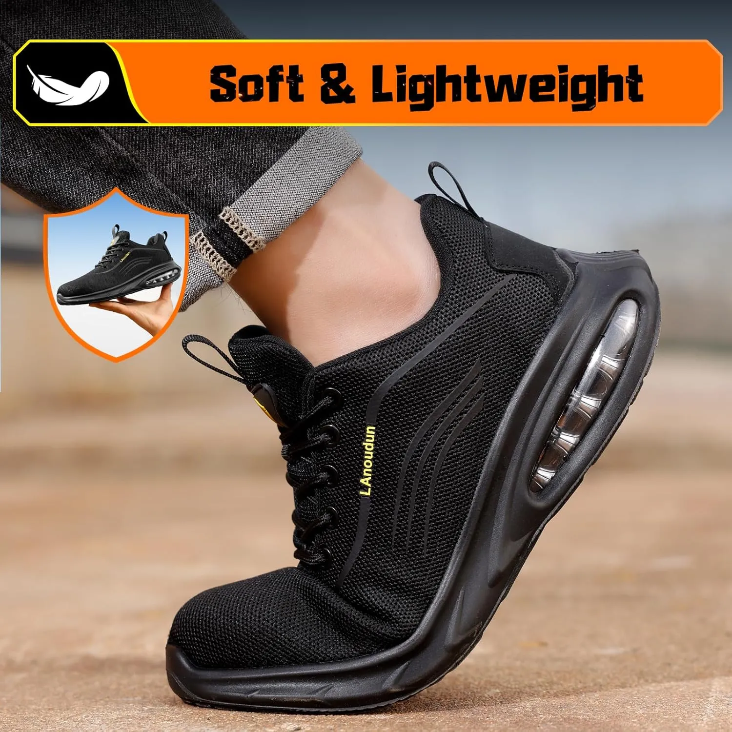 Steel Toe Shoes for Men Lightweight Work Shoes Safety Shoes Air Cushioned Steel Toe Sneakers Indestructible Steel Tennis Toe Shoes Construction Industrial Work Safety Sneakers