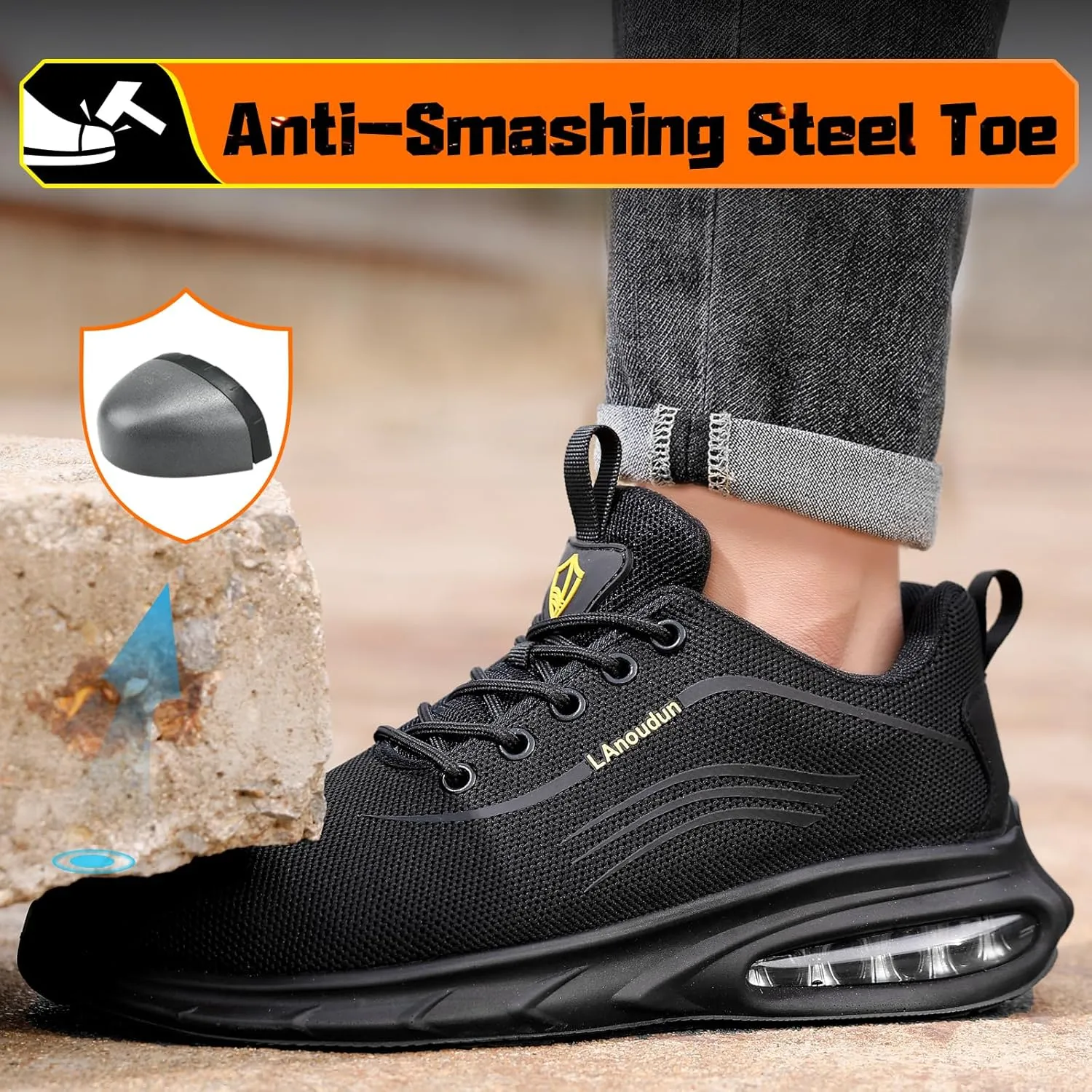 Steel Toe Shoes for Men Lightweight Work Shoes Safety Shoes Air Cushioned Steel Toe Sneakers Indestructible Steel Tennis Toe Shoes Construction Industrial Work Safety Sneakers