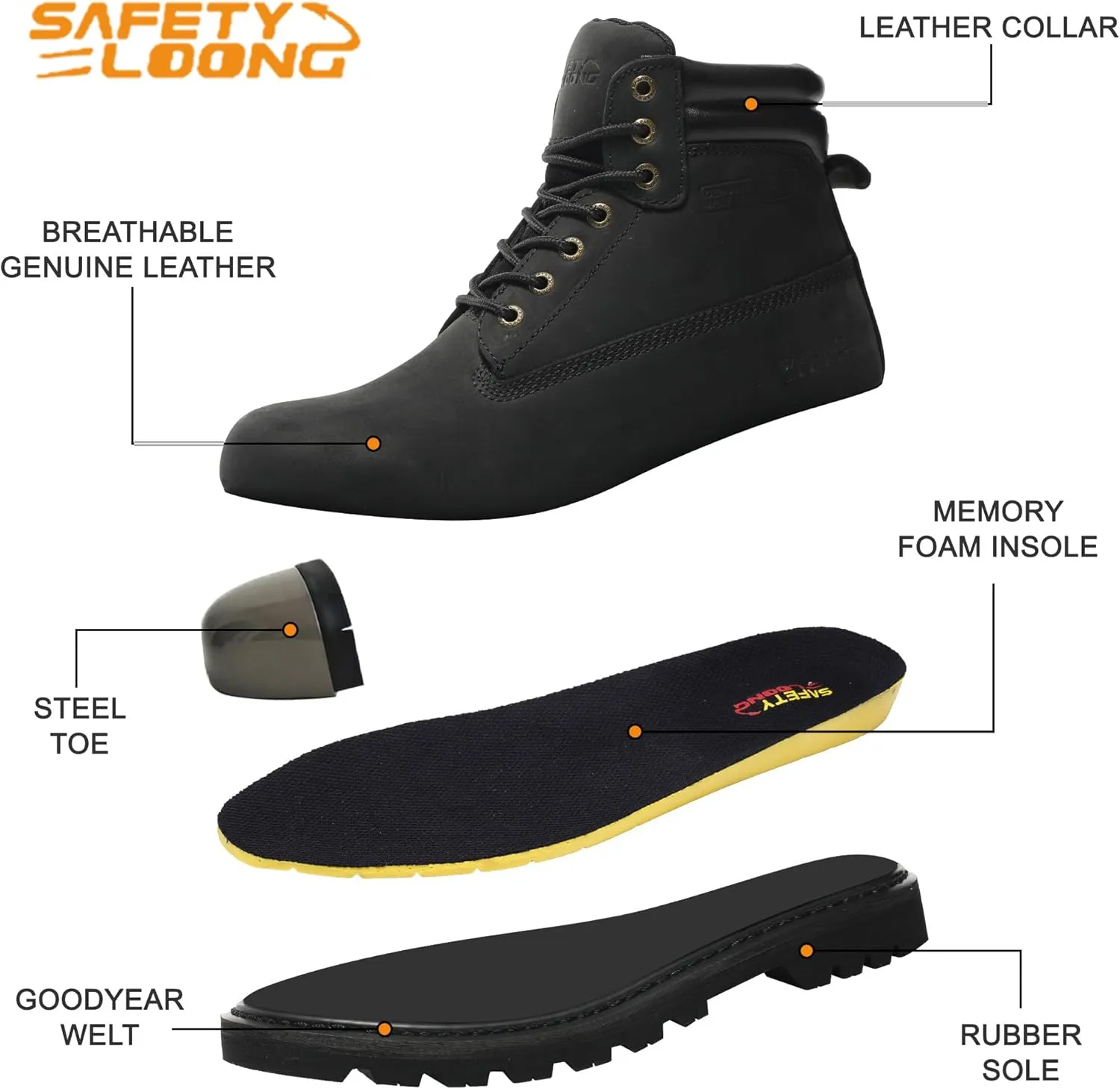 Steel Toe Work Boots for Men, 6-Inch Non Slip Comfortable Leather Waterproof Industrial Construction Safety Workboots