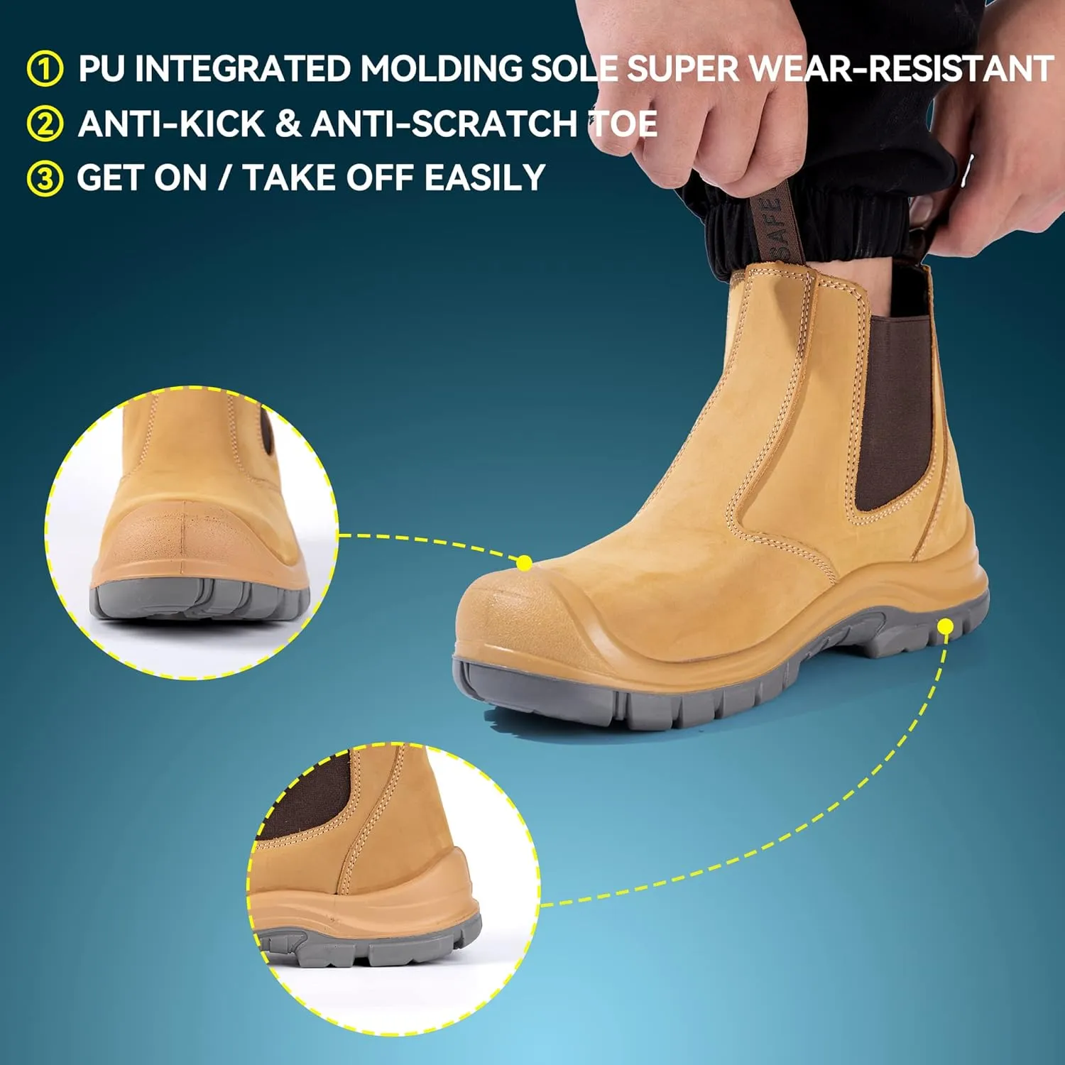 Steel Toe Work Boots for Men Slip-on Chelsea Boot, Men's Industrial & Construction Shoes, Waterproof, Lightweight, Comfortable, Non-slip Safety Shoes, Black, 10.5