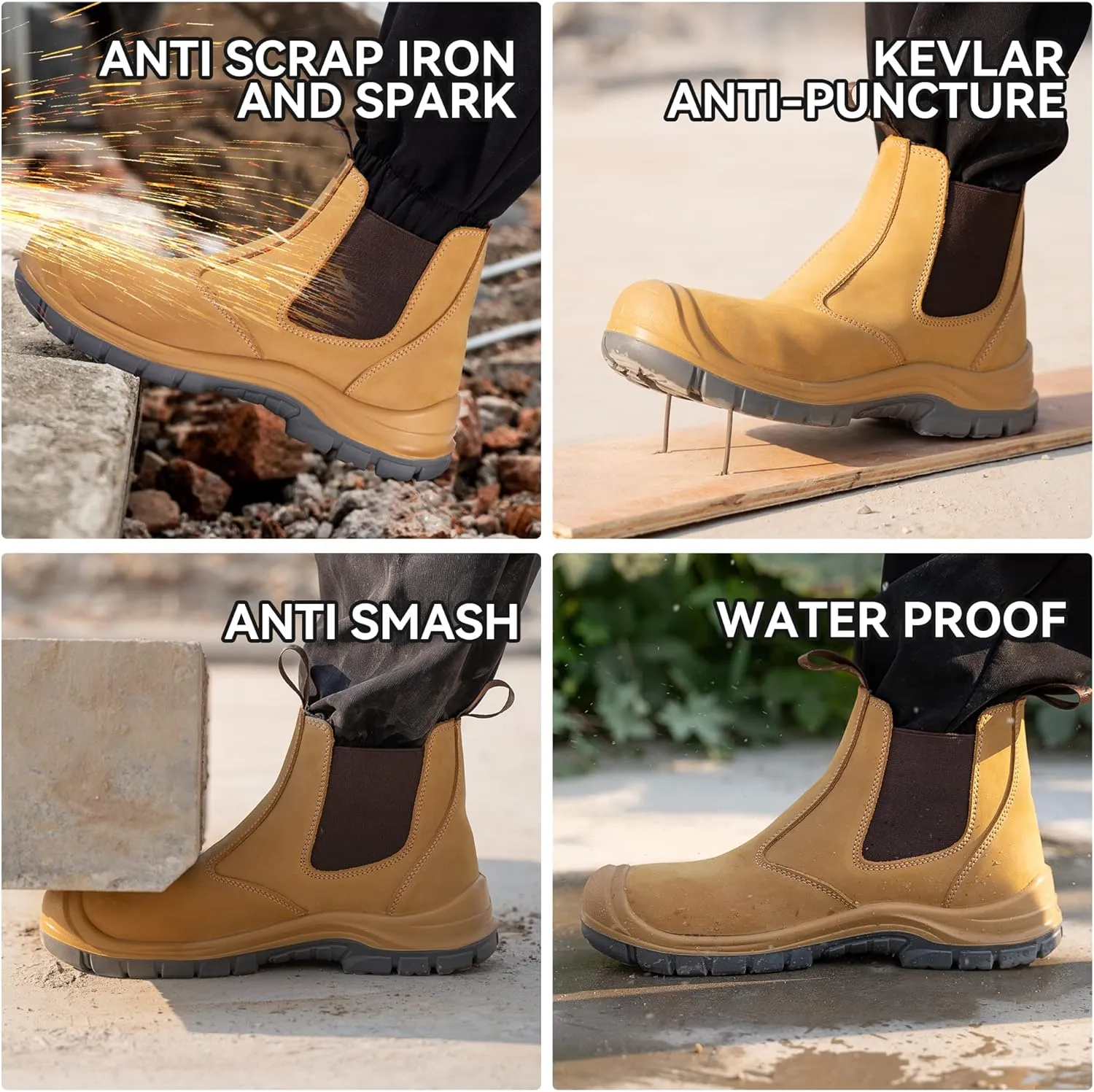 Steel Toe Work Boots for Men Slip-on Chelsea Boot, Men's Industrial & Construction Shoes, Waterproof, Lightweight, Comfortable, Non-slip Safety Shoes, Black, 10.5