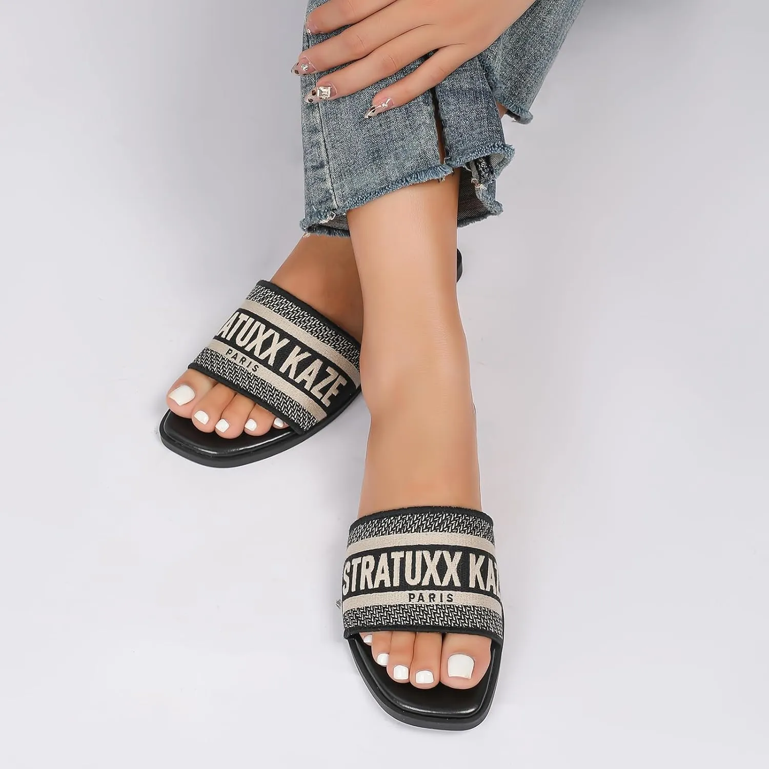 Stratuxx Kaze Women's Dressy Sandals Slip on Flat Summer Shoes Open Toe Slide Sandals for Women Size 5-11