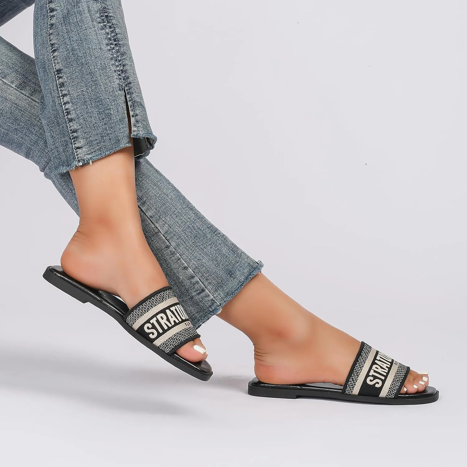 Stratuxx Kaze Women's Dressy Sandals Slip on Flat Summer Shoes Open Toe Slide Sandals for Women Size 5-11
