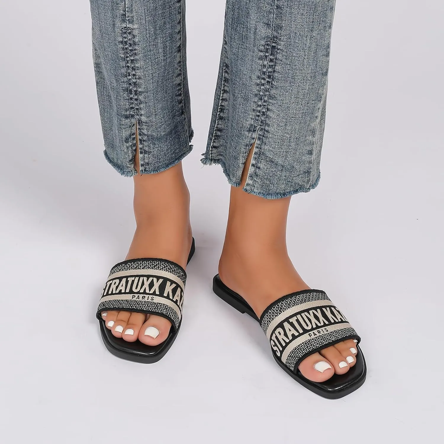 Stratuxx Kaze Women's Dressy Sandals Slip on Flat Summer Shoes Open Toe Slide Sandals for Women Size 5-11