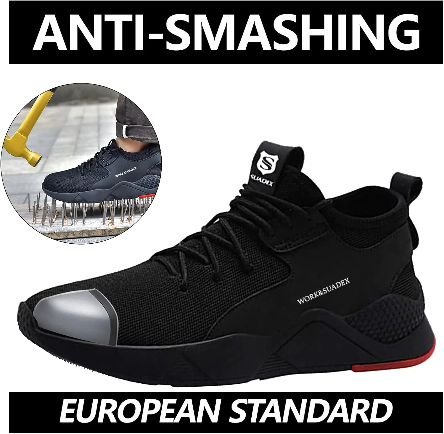 SUADEX Steel Toe Shoes for Men Women Lightweight Safety Work Sneakers for Construction Indestructible Breathable