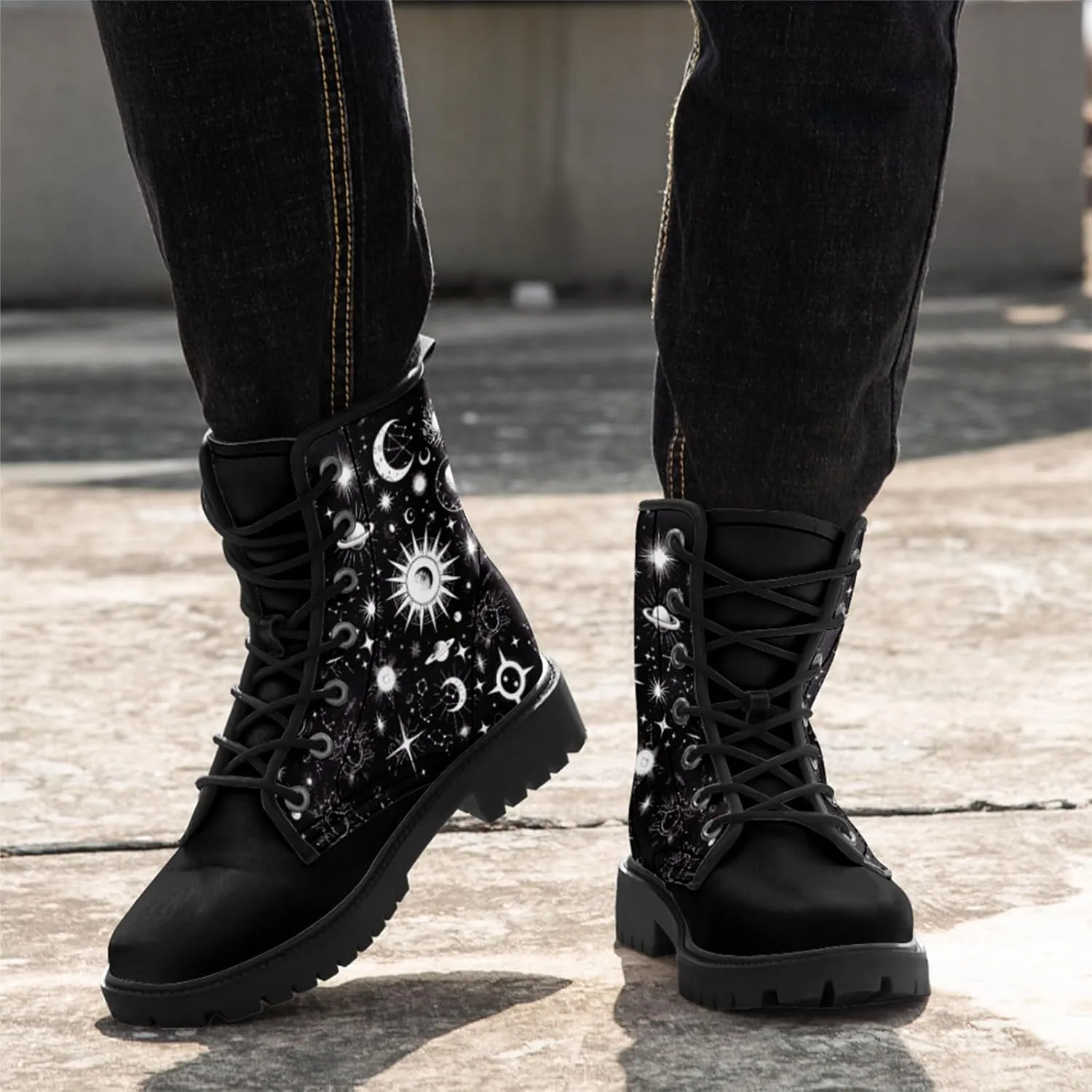 Sun and Moon Fashion Women's Ankle Boots Men's Platform Lace-up Leather Combat Booties Gift Winter Fall Dress Boots