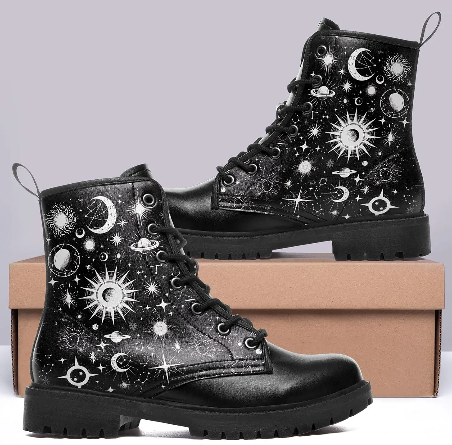 Sun and Moon Fashion Women's Ankle Boots Men's Platform Lace-up Leather Combat Booties Gift Winter Fall Dress Boots