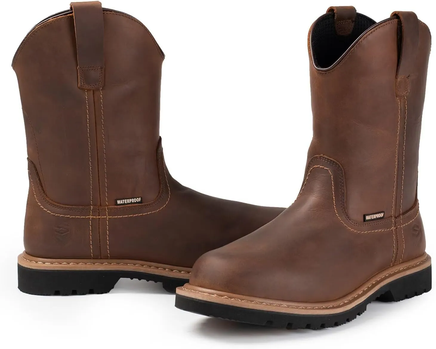 SUREWAY 10in Mens Soft/Steel Toe Waterproof Wellington Work Boot,Heavy Duty Pull On Leather Work Boots,Goodyear Welted,Full Grain Leather,Industrial Safety boot Classic Cowboy Boot,EH Rated