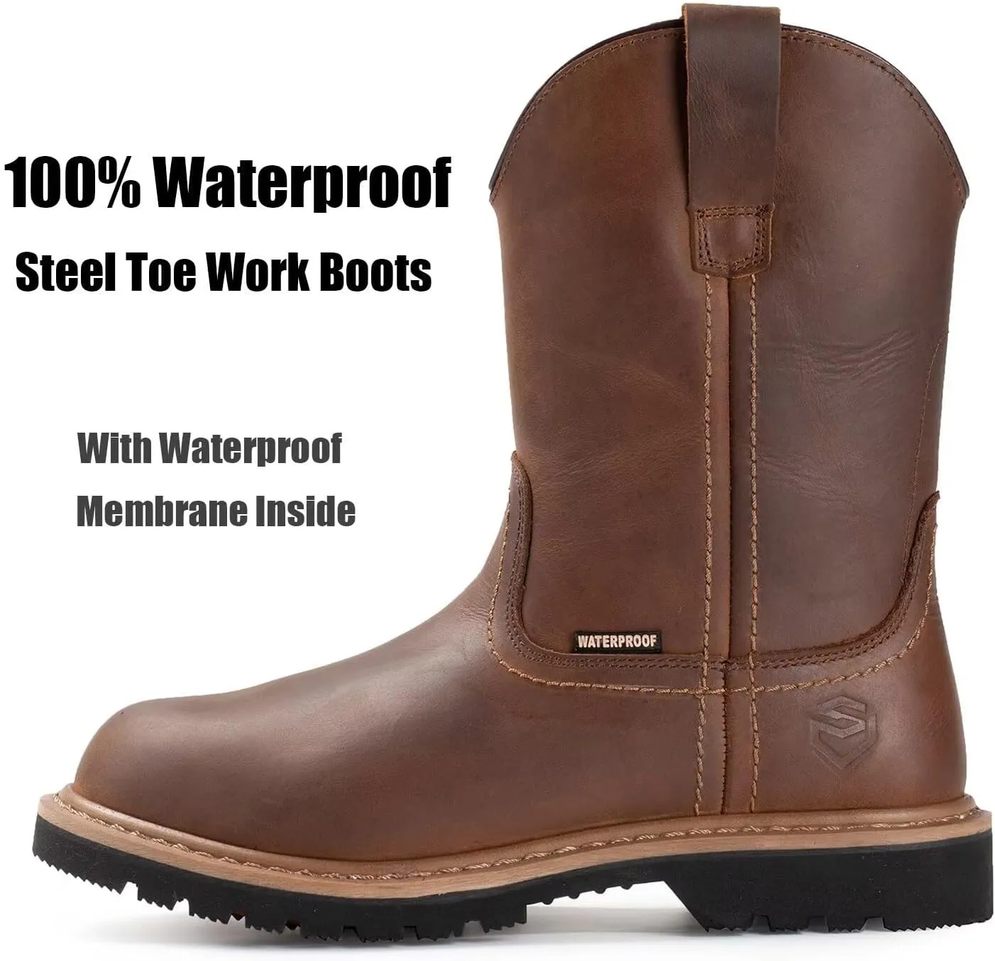 SUREWAY 10in Mens Soft/Steel Toe Waterproof Wellington Work Boot,Heavy Duty Pull On Leather Work Boots,Goodyear Welted,Full Grain Leather,Industrial Safety boot Classic Cowboy Boot,EH Rated