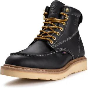 SUREWAY 6 in Mens Steel Toe Work Boots for Men-Full Grain Leather,Goodyear,Non-Slip EH Safety Industial Construction Wedge Moc Toe Work Boots/Shoes