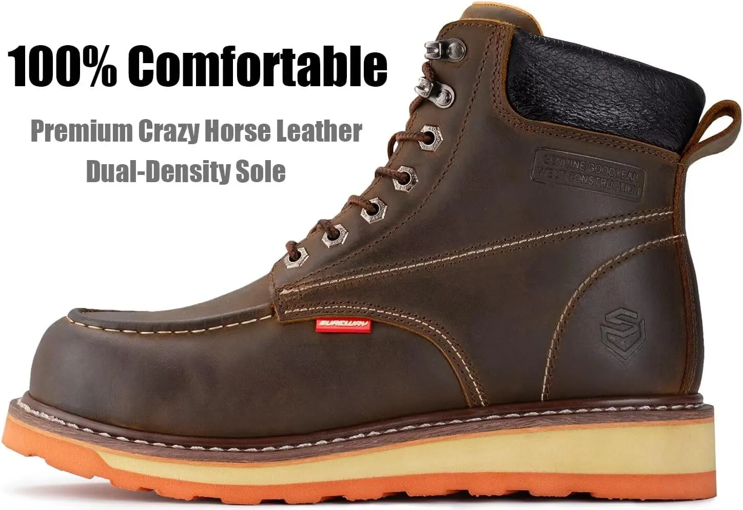 SUREWAY 6” Mens Heavy Duty Steel/Composite/Soft Toe Work Boots for Men,Comfortable & Durable,Goodyear Welt,Full Grain Leather,Oil/Slip Resistant,Wedge Moc Toe Industrial Construction Boots/Shoes