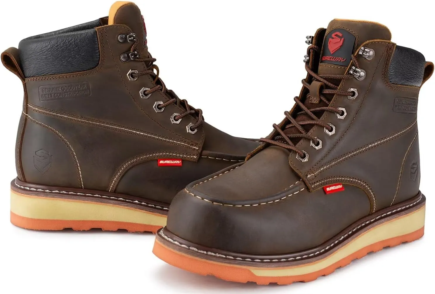 SUREWAY 6” Mens Heavy Duty Steel/Composite/Soft Toe Work Boots for Men,Comfortable & Durable,Goodyear Welt,Full Grain Leather,Oil/Slip Resistant,Wedge Moc Toe Industrial Construction Boots/Shoes