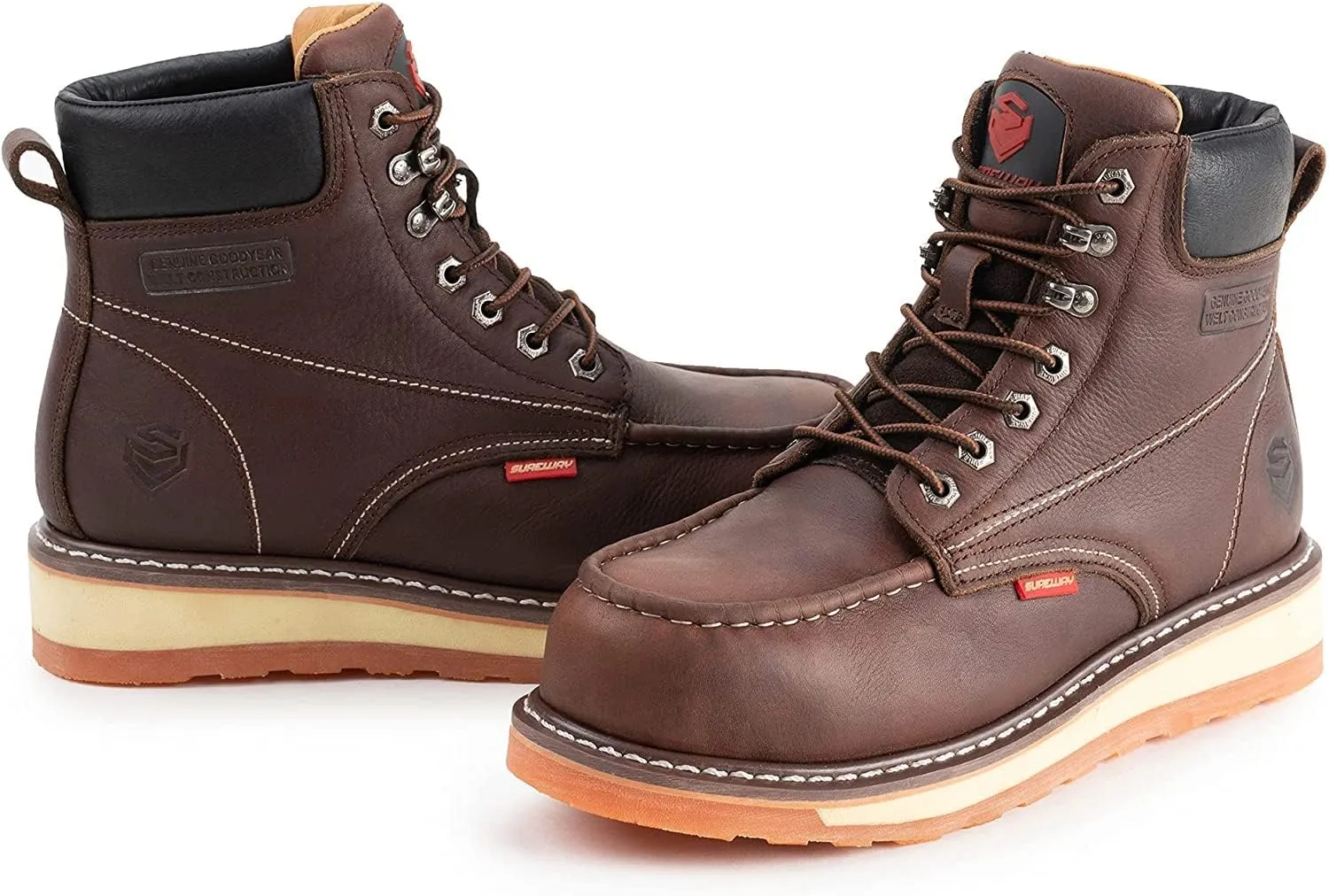 SUREWAY 6” Mens Heavy Duty Steel/Composite/Soft Toe Work Boots for Men,Comfortable & Durable,Goodyear Welt,Full Grain Leather,Oil/Slip Resistant,Wedge Moc Toe Industrial Construction Boots/Shoes