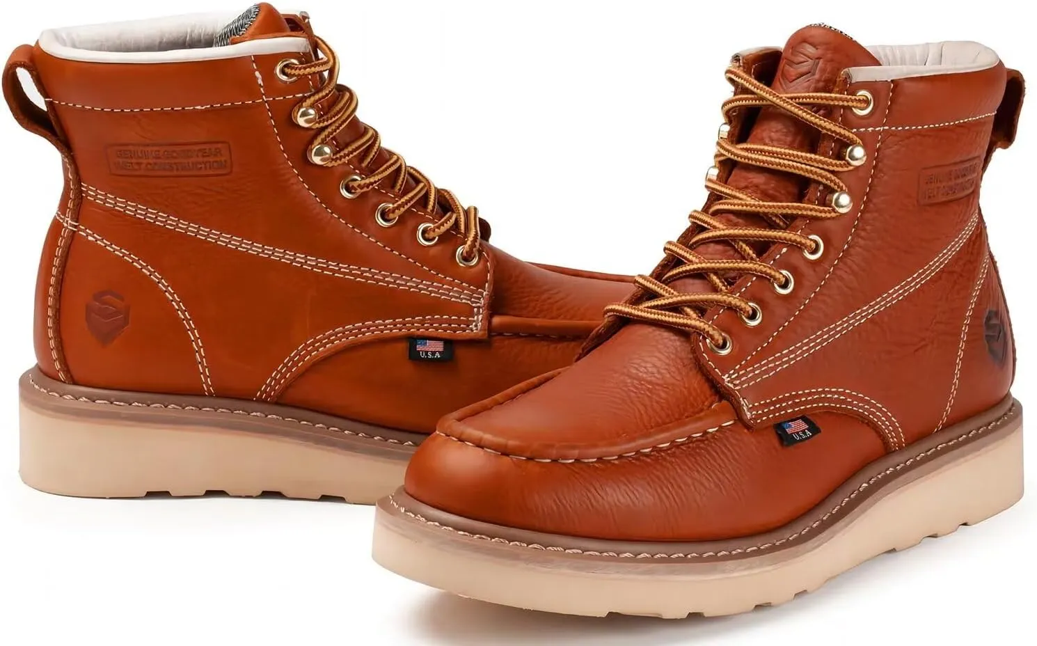 SUREWAY 6” Wedge Moc Toe Work Boots for Men - Soft Toe,Premium Full-Grain Leather,Lightweight Work Boots/Shoes,Comfort Insole,Oil/Slip Resistant,Real Goodyear,EH Rated Industrial Construction Boots