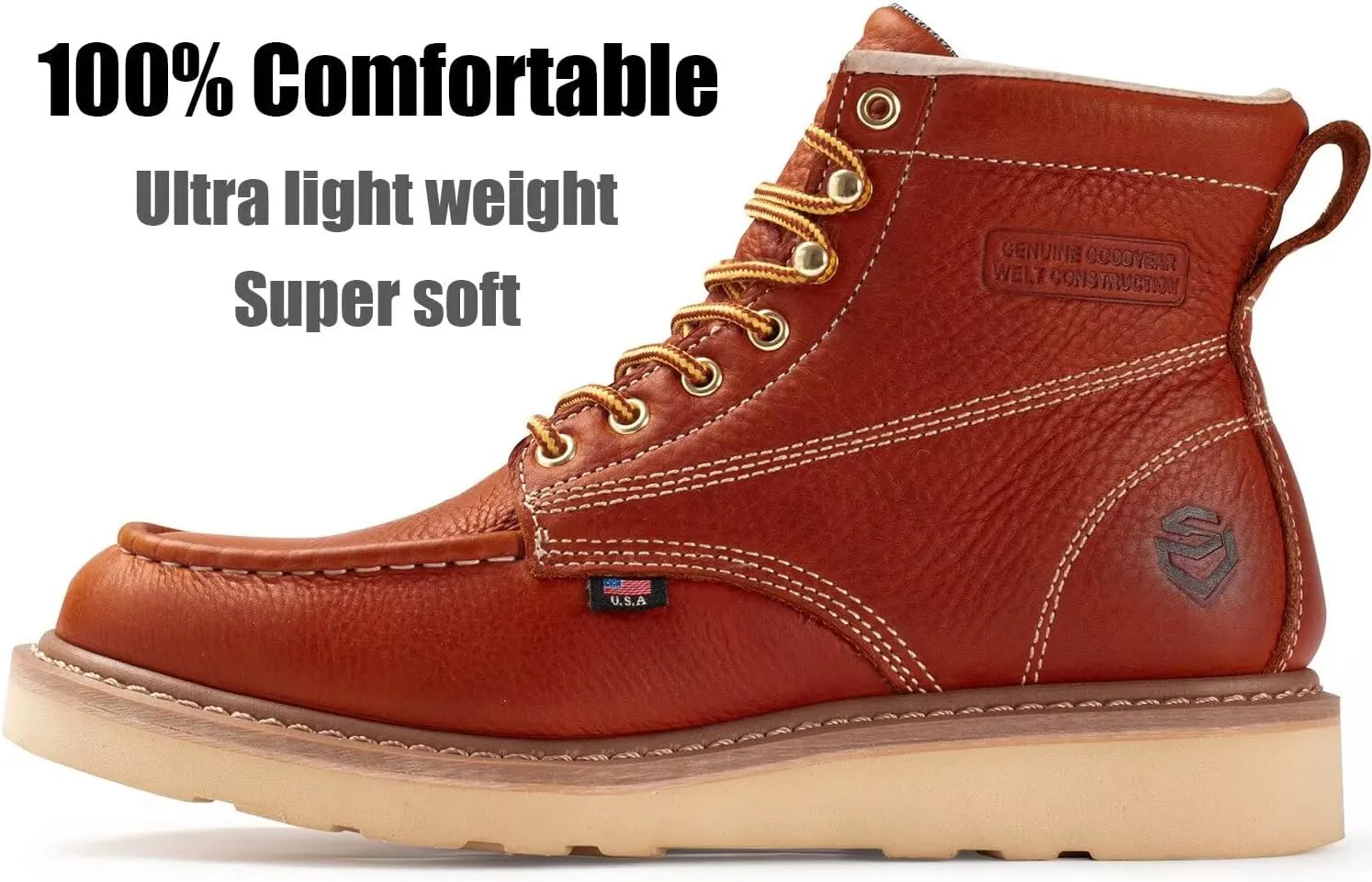 SUREWAY 6” Wedge Moc Toe Work Boots for Men - Soft Toe,Premium Full-Grain Leather,Lightweight Work Boots/Shoes,Comfort Insole,Oil/Slip Resistant,Real Goodyear,EH Rated Industrial Construction Boots