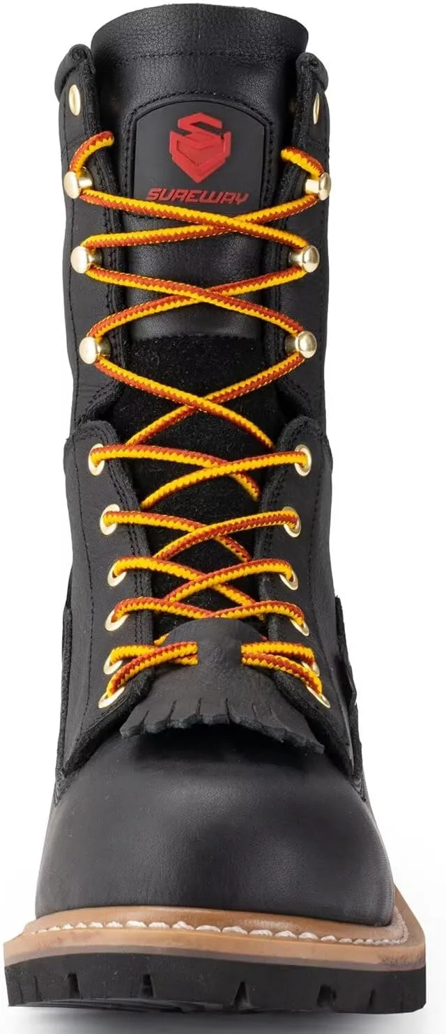 SUREWAY Men's 8" Waterproof Steel-Toe Logger Work Boot,Superior Oil/Slip Resistant,Thicker Full Grain Leather,Wedge Rubber Sole,EH Rated