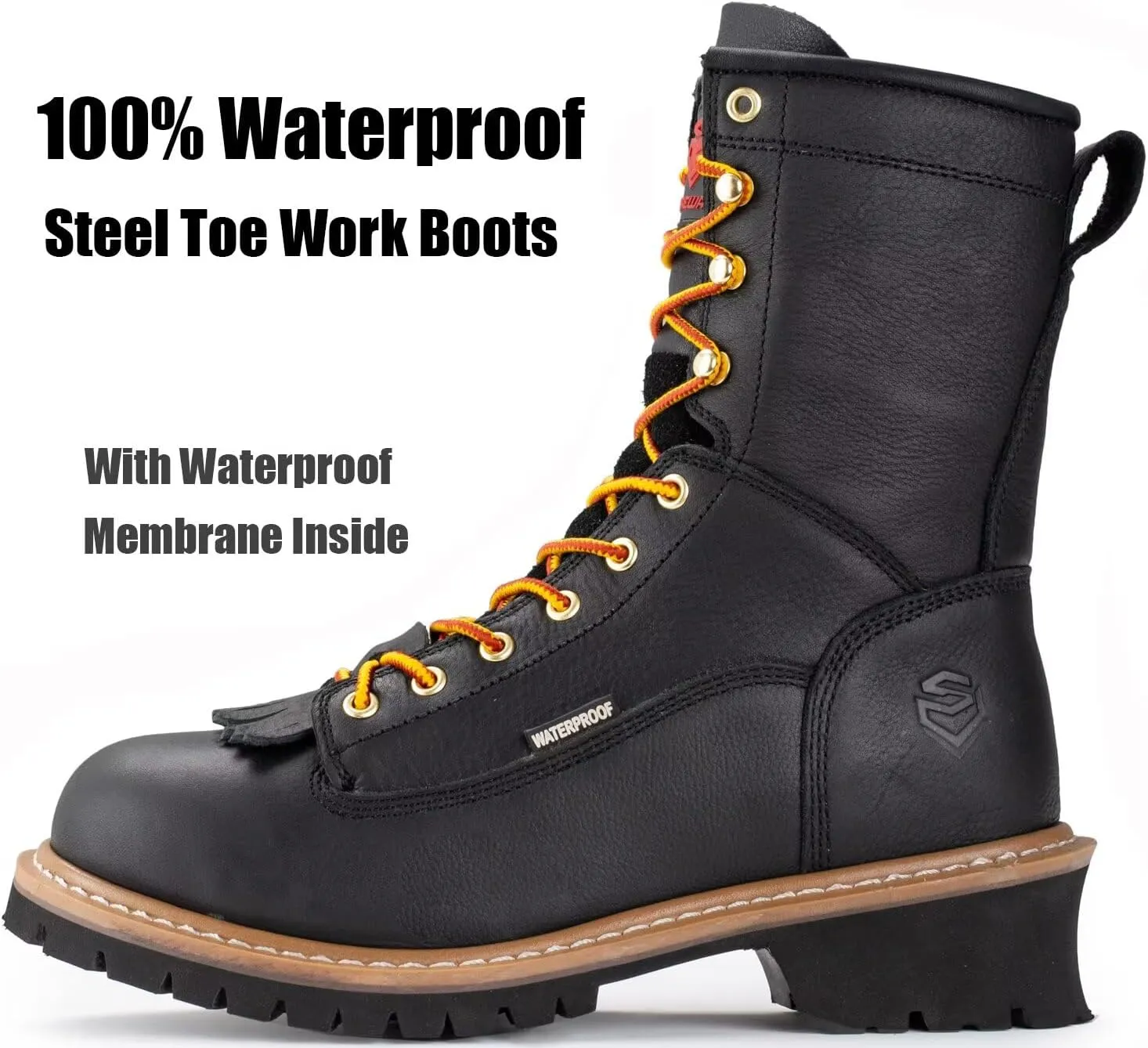 SUREWAY Men's 8" Waterproof Steel-Toe Logger Work Boot,Superior Oil/Slip Resistant,Thicker Full Grain Leather,Wedge Rubber Sole,EH Rated