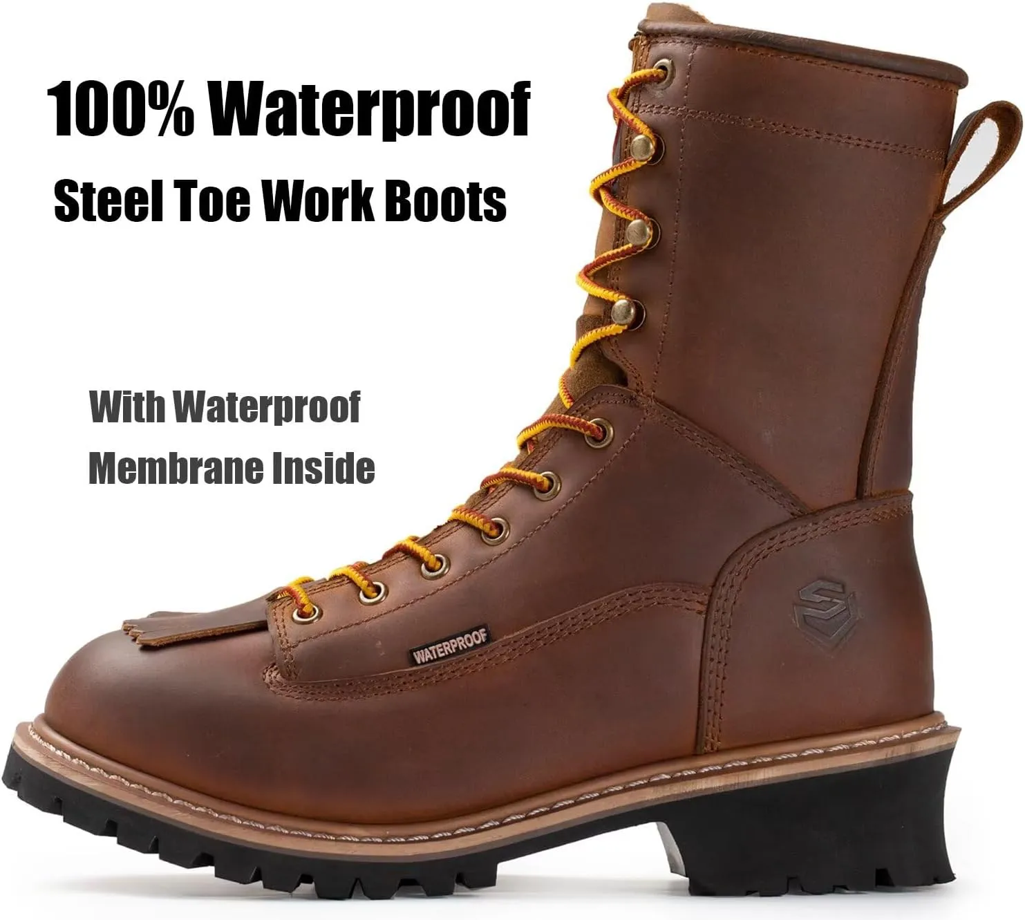 SUREWAY Men's 8" Waterproof Steel-Toe Logger Work Boot,Superior Oil/Slip Resistant,Thicker Full Grain Leather,Wedge Rubber Sole,EH Rated