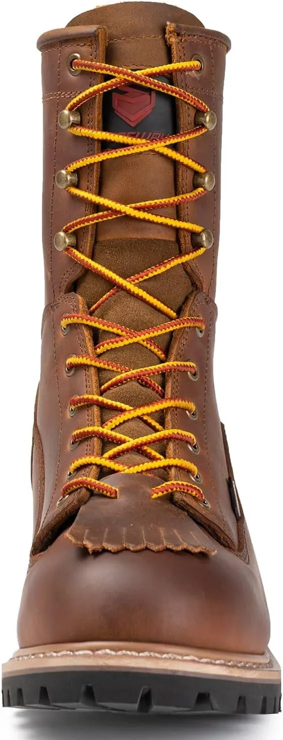 SUREWAY Men's 8" Waterproof Steel-Toe Logger Work Boot,Superior Oil/Slip Resistant,Thicker Full Grain Leather,Wedge Rubber Sole,EH Rated