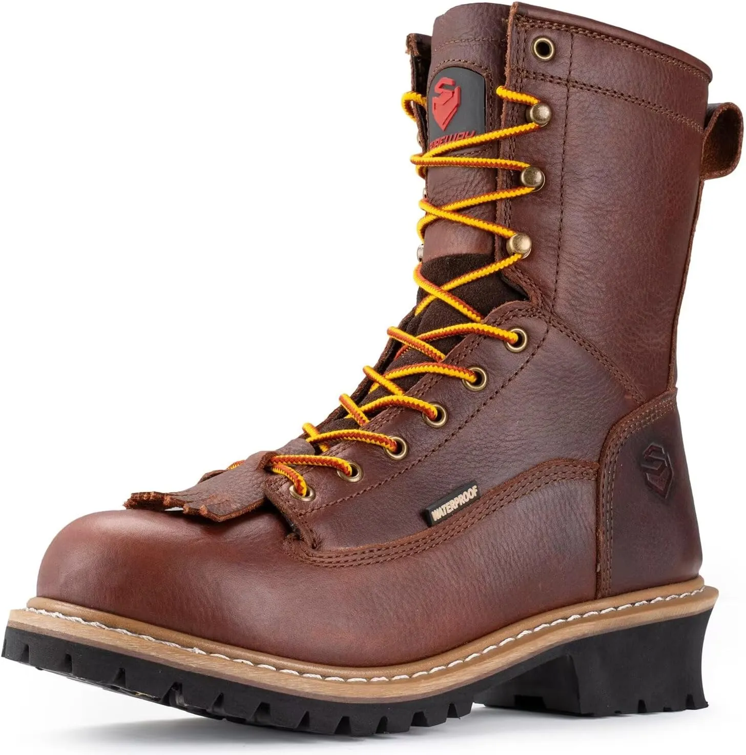 SUREWAY Men's 8" Waterproof Steel-Toe Logger Work Boot,Superior Oil/Slip Resistant,Thicker Full Grain Leather,Wedge Rubber Sole,EH Rated