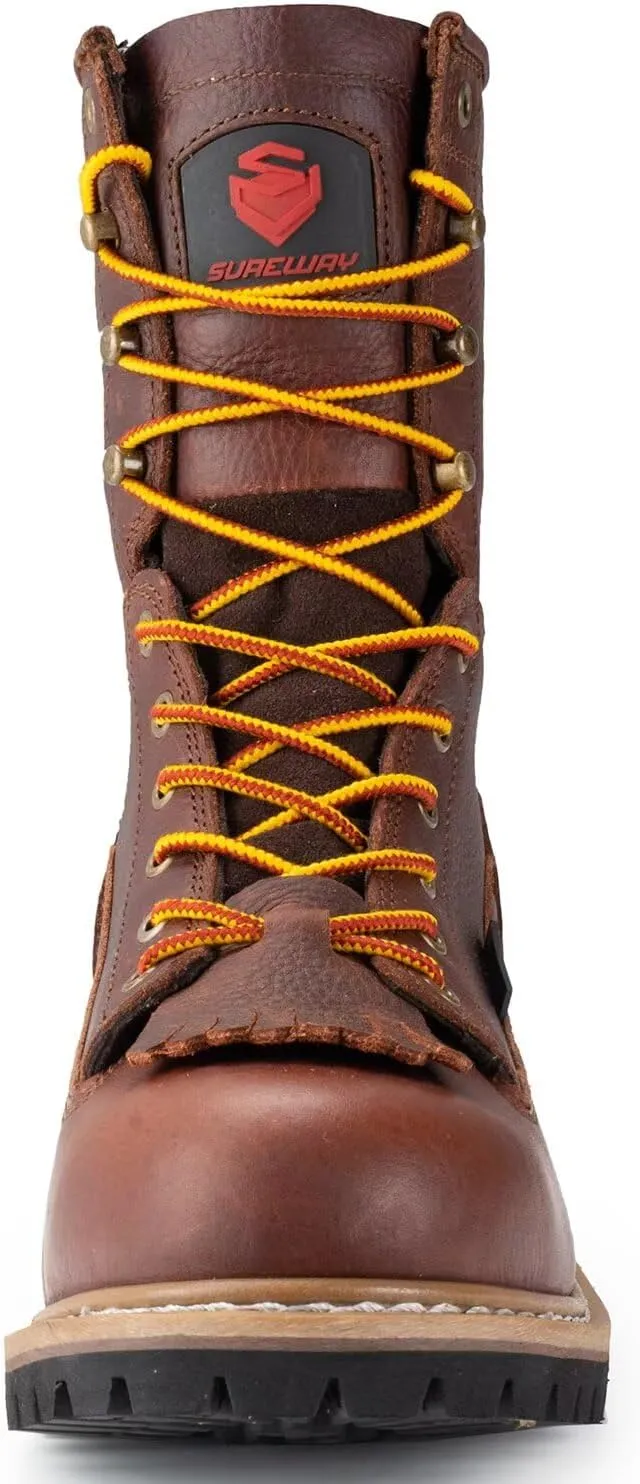 SUREWAY Men's 8" Waterproof Steel-Toe Logger Work Boot,Superior Oil/Slip Resistant,Thicker Full Grain Leather,Wedge Rubber Sole,EH Rated