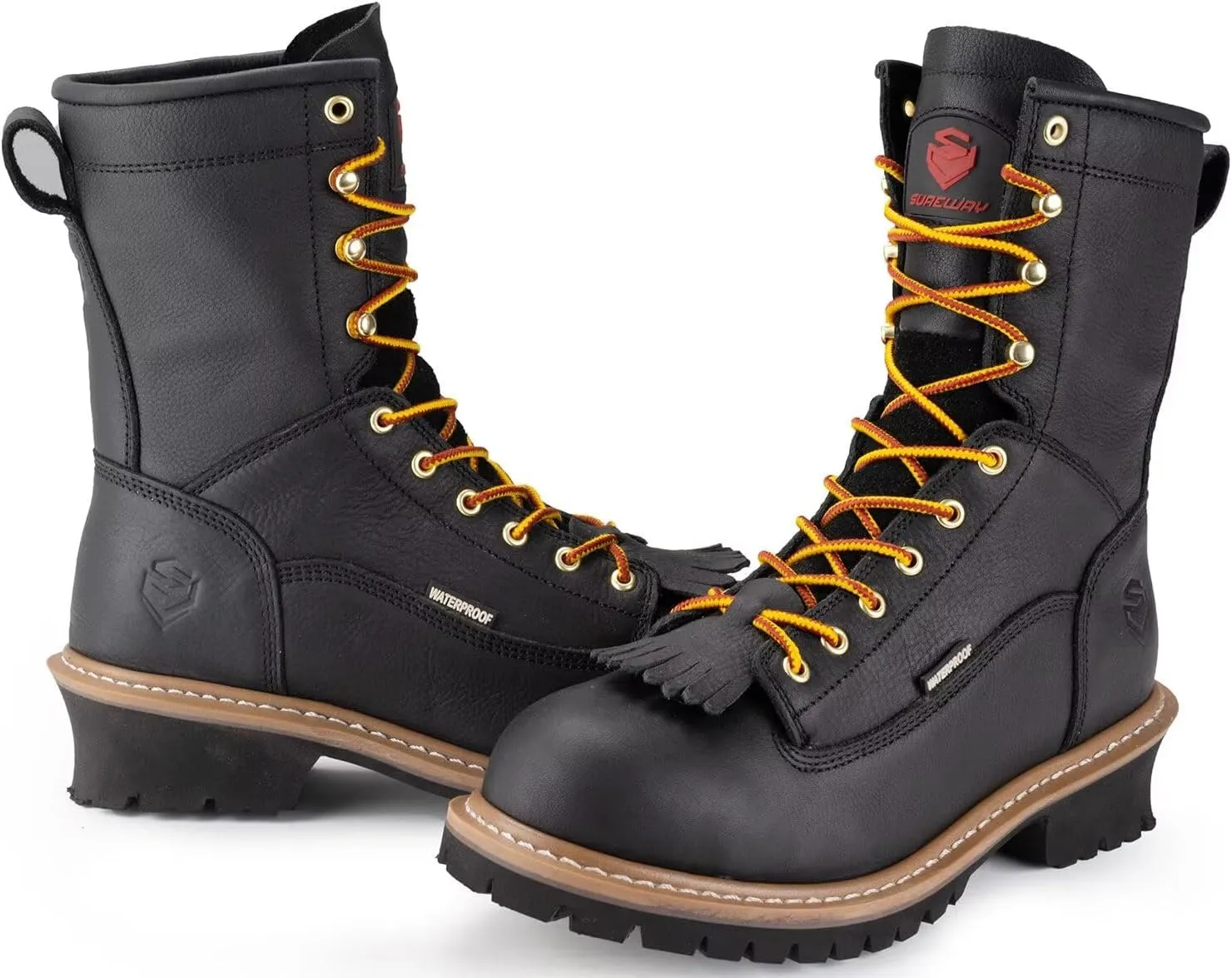 SUREWAY Men's 8" Waterproof Steel-Toe Logger Work Boot,Superior Oil/Slip Resistant,Thicker Full Grain Leather,Wedge Rubber Sole,EH Rated