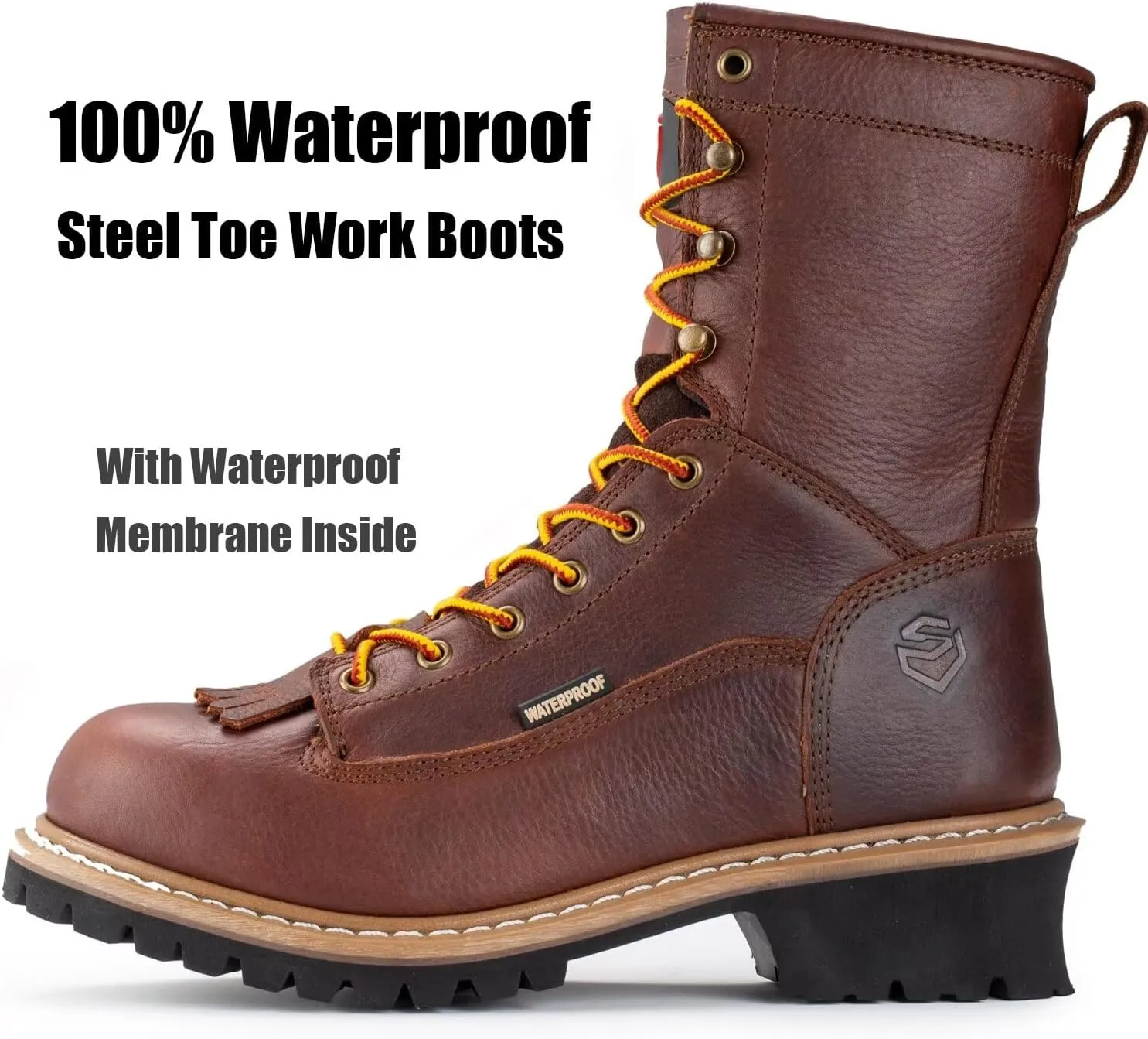 SUREWAY Men's 8" Waterproof Steel-Toe Logger Work Boot,Superior Oil/Slip Resistant,Thicker Full Grain Leather,Wedge Rubber Sole,EH Rated