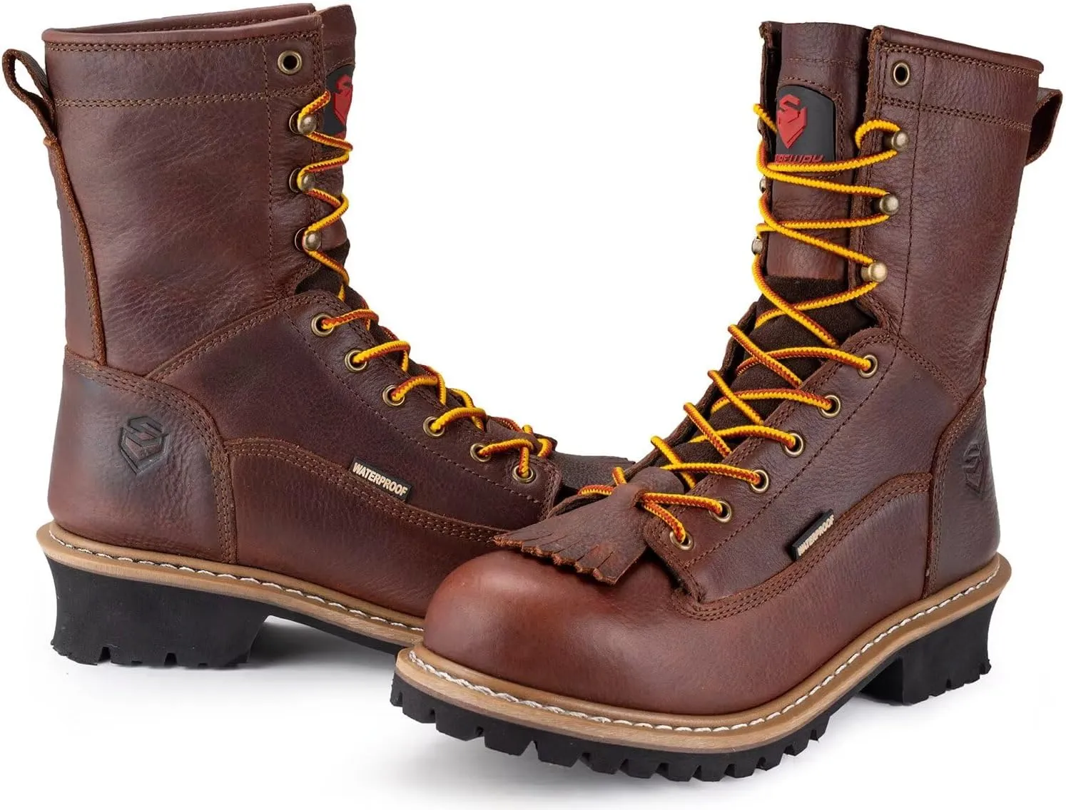 SUREWAY Men's 8" Waterproof Steel-Toe Logger Work Boot,Superior Oil/Slip Resistant,Thicker Full Grain Leather,Wedge Rubber Sole,EH Rated