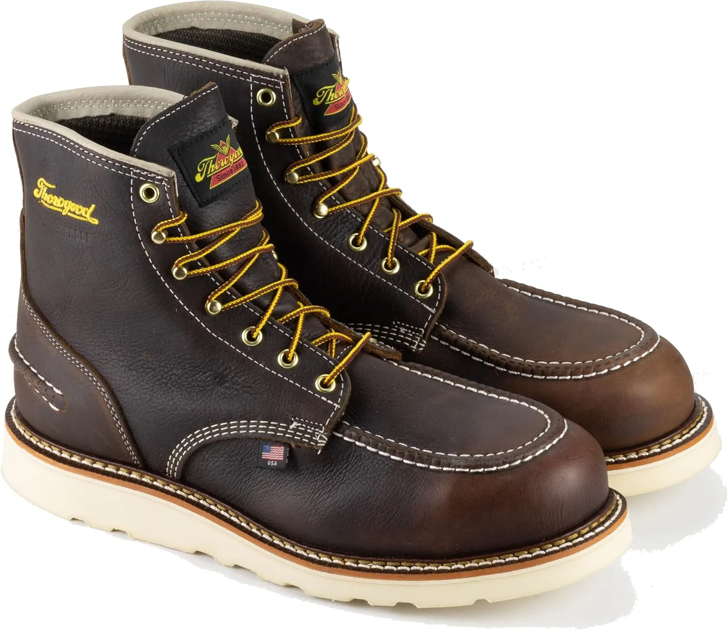 Thorogood 1957 Series 6” Waterproof Steel Toe Work Boots for Men - Full-Grain Leather with Moc Toe, Comfort Insole, and Slip-Resistant Wedge Outsole; EH Rated