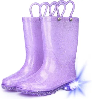 Toddler Rain Boots Girls Rain Boots - Glitter Light Up Kids Rain Boots with Easy-On Handles Lightwight Waterproof Rain Shoes(Toddler/Little/Big kids)
