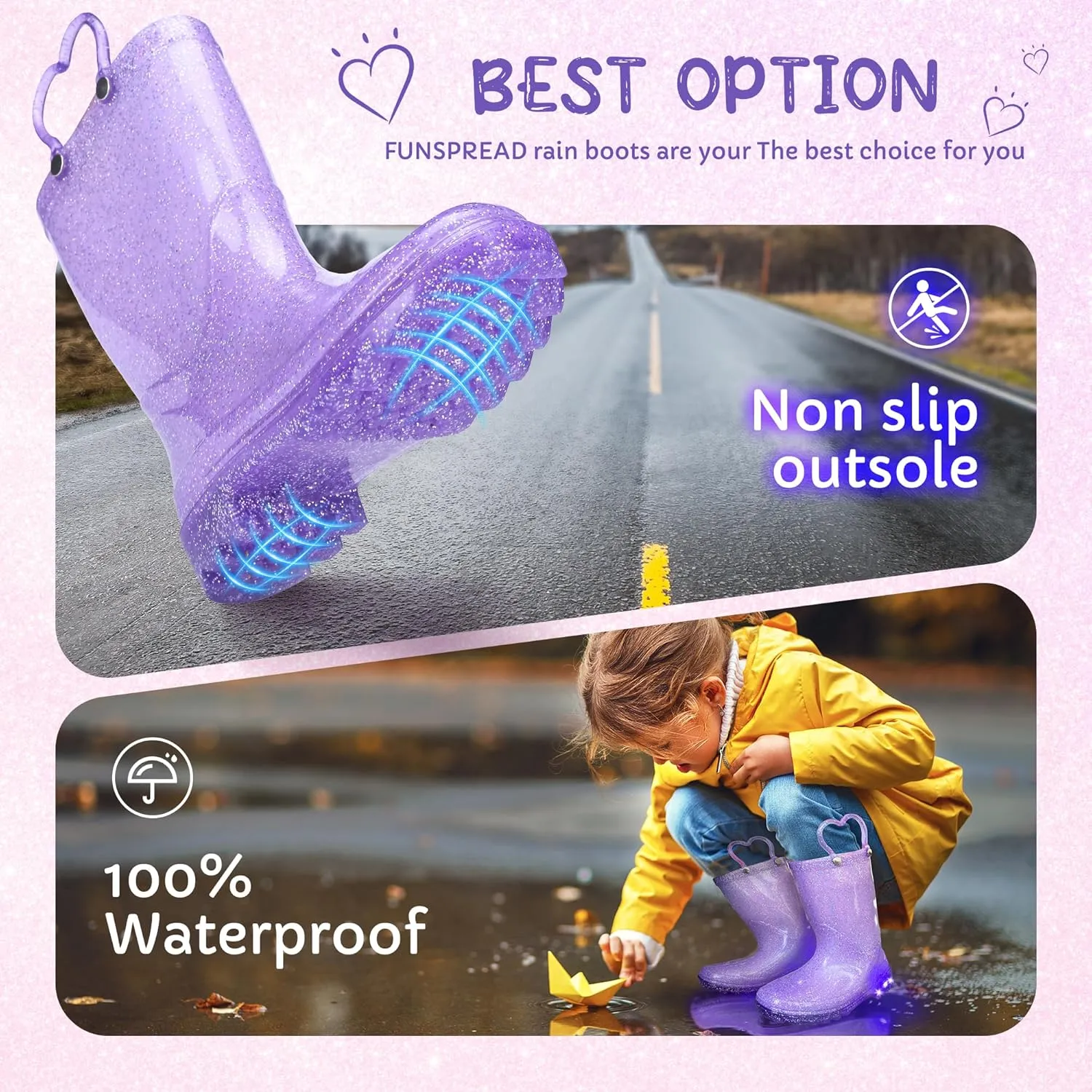 Toddler Rain Boots Girls Rain Boots - Glitter Light Up Kids Rain Boots with Easy-On Handles Lightwight Waterproof Rain Shoes(Toddler/Little/Big kids)